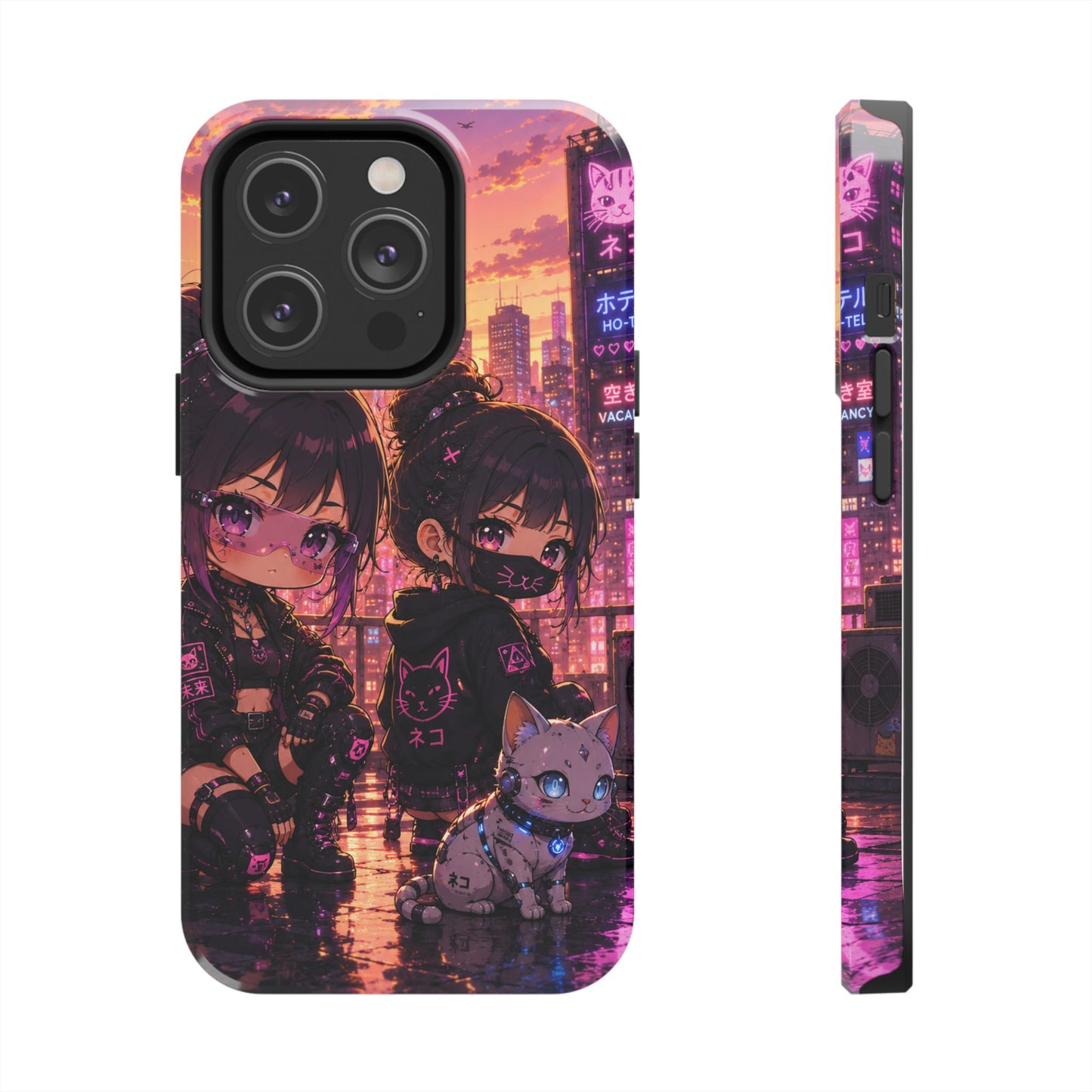 Anime City Night Tough Phone Case — Kawaii Cyberpunk Characters & Cat