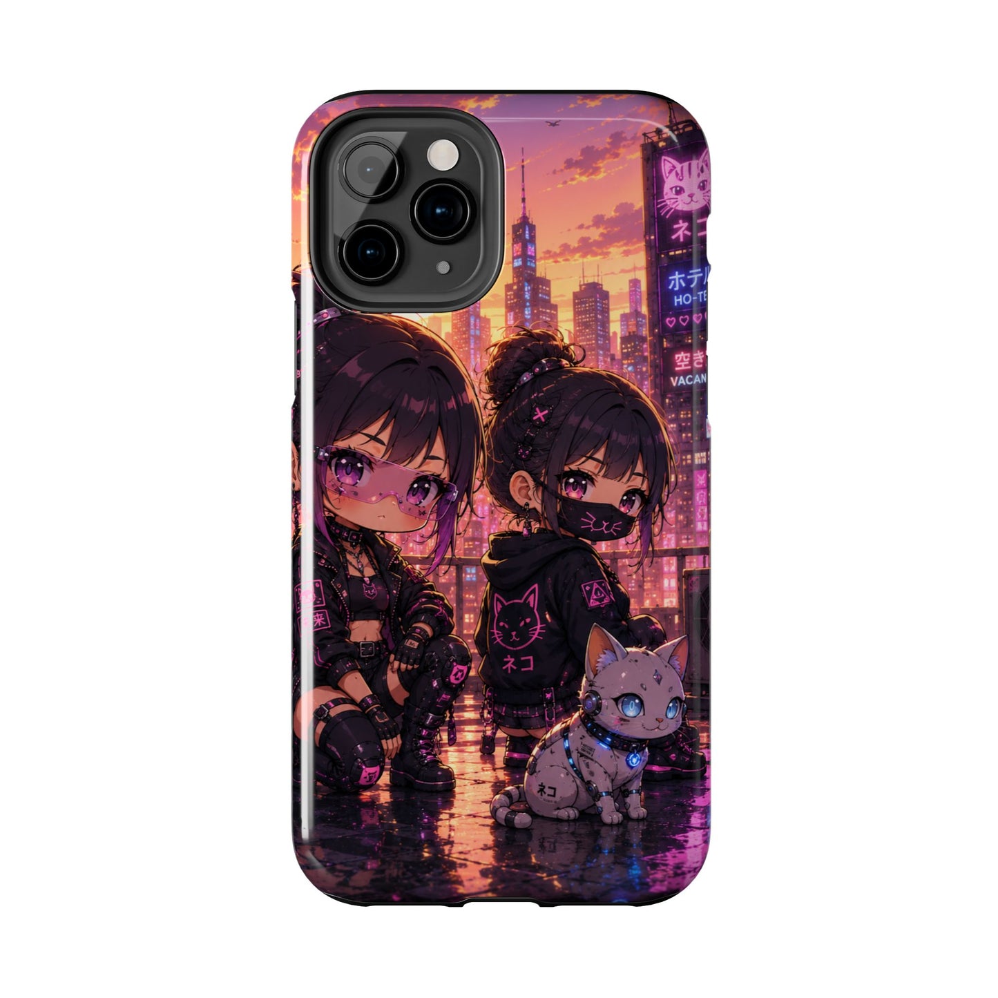 Anime City Night Tough Phone Case — Kawaii Cyberpunk Characters & Cat