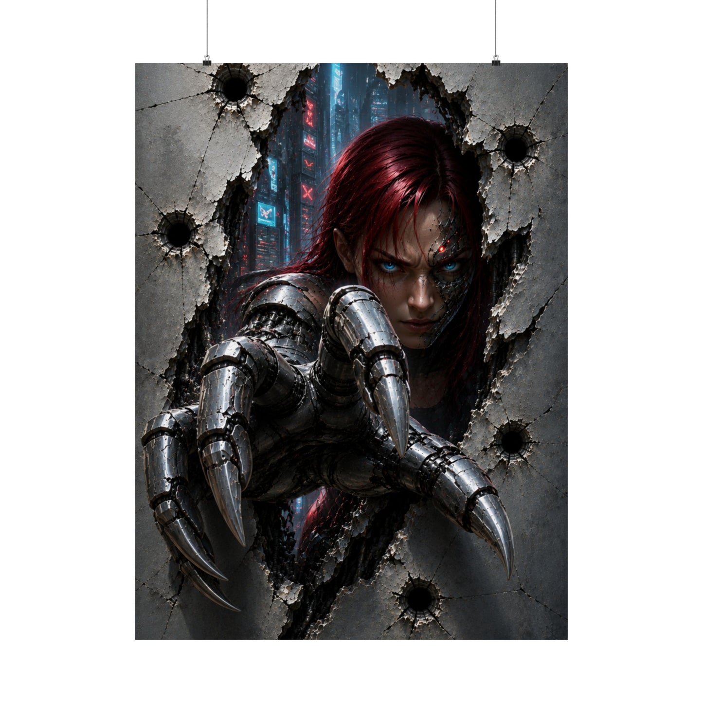 Cyberpunk Assassin Matte Poster — Red-Haired Cyborg Claw Wall Art