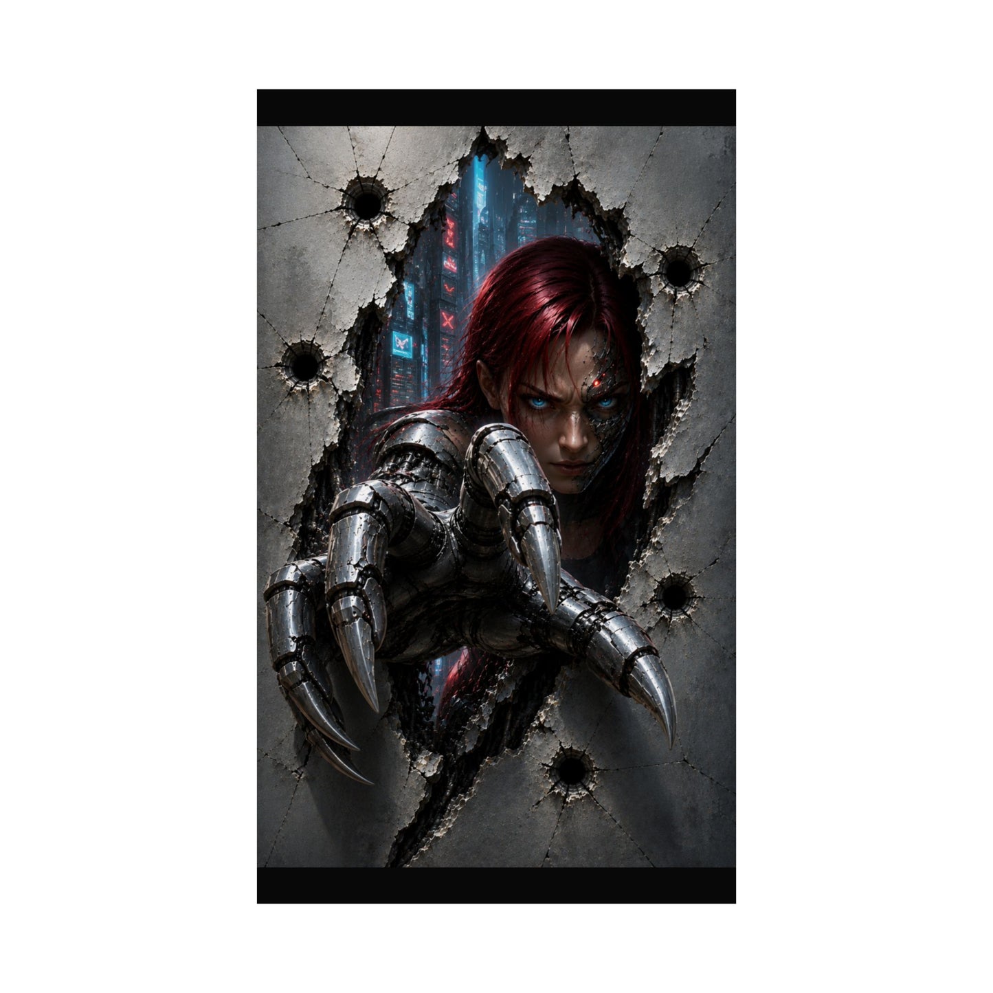 Cyberpunk Assassin Matte Poster — Red-Haired Cyborg Claw Wall Art