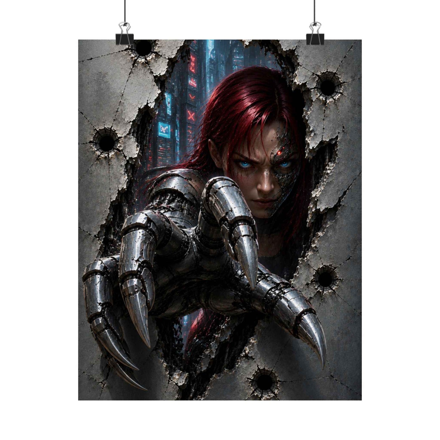 Cyberpunk Assassin Matte Poster — Red-Haired Cyborg Claw Wall Art