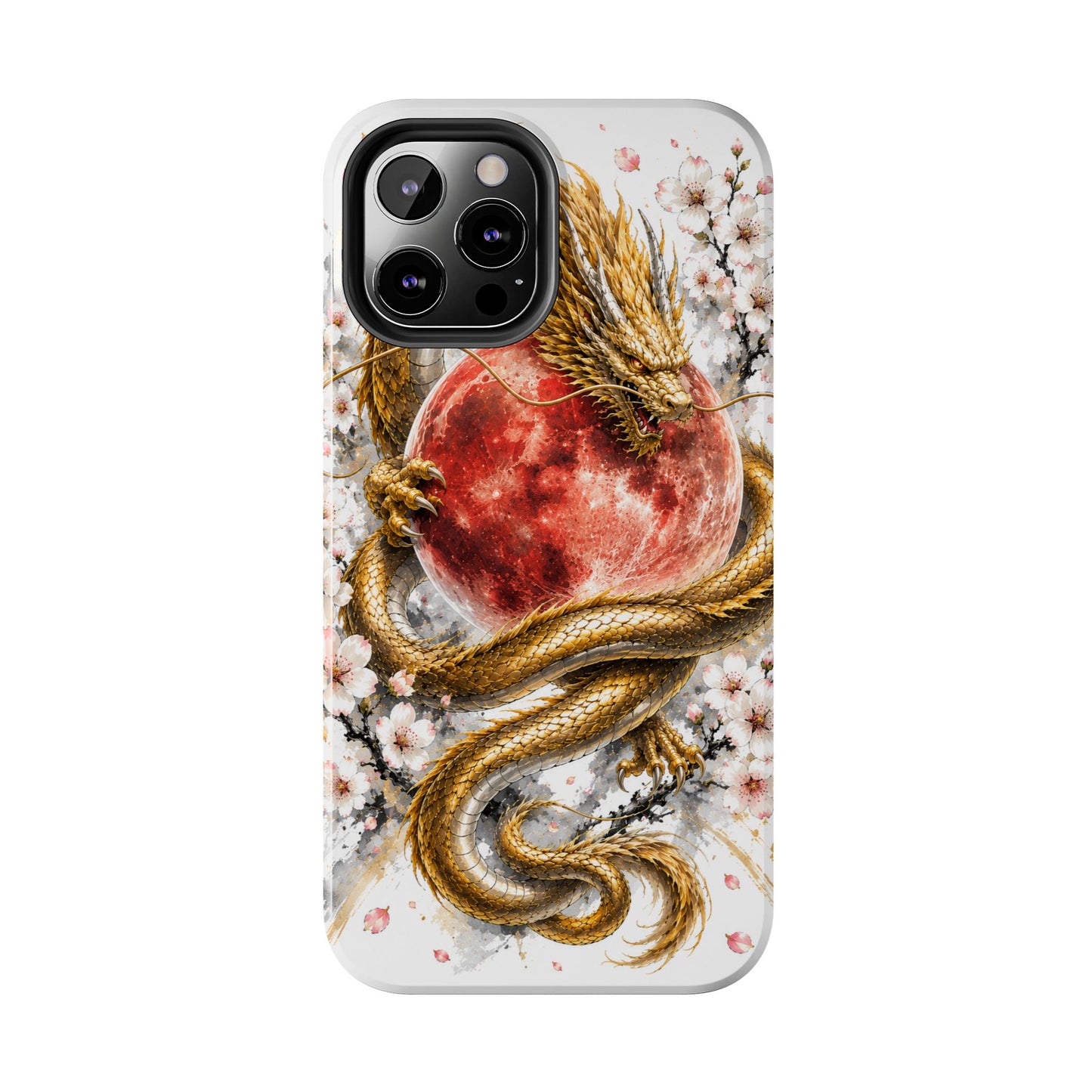Golden Dragon Phone Case — Red Moon & Cherry Blossom Tough Phone Case