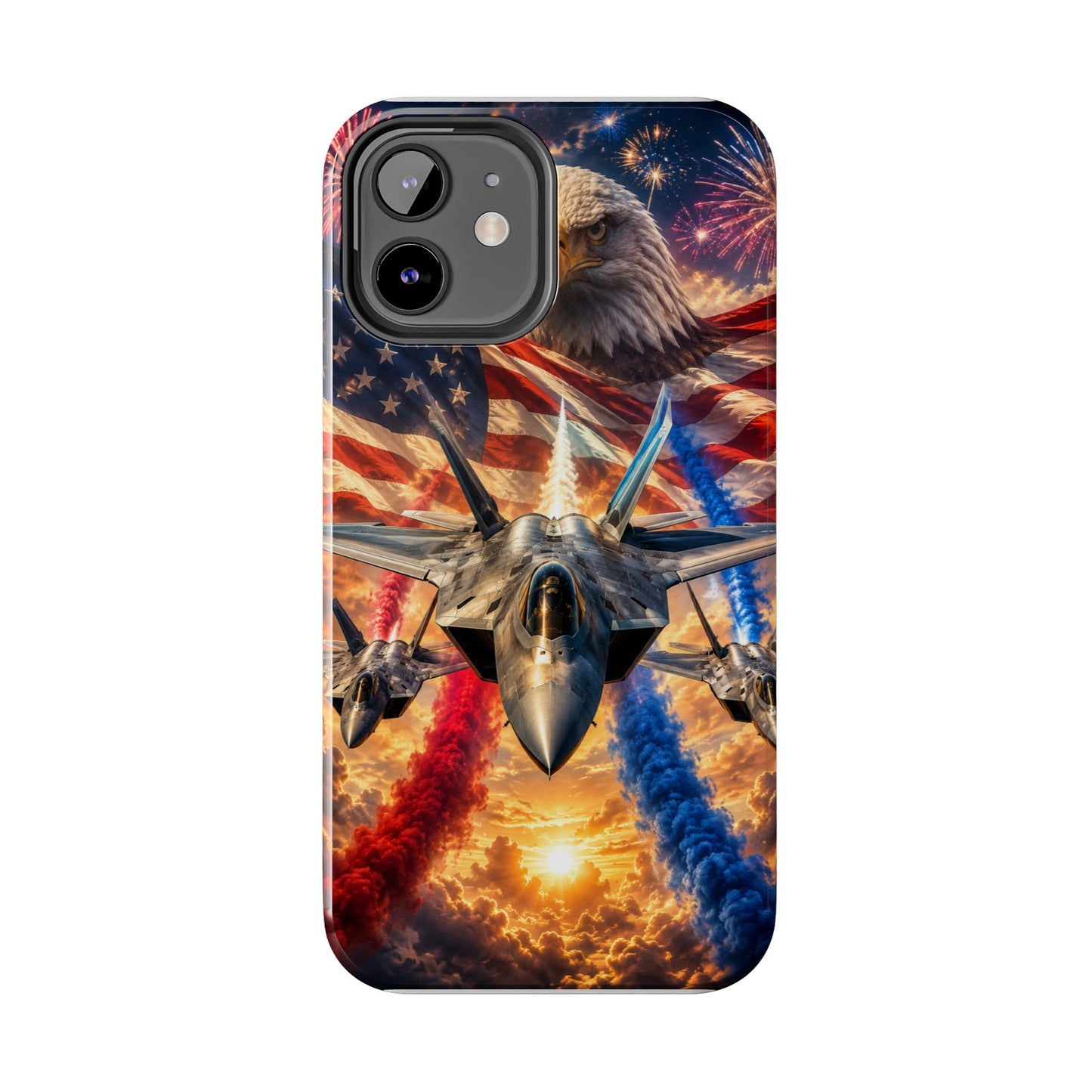 Patriotic Fighter Jet Phone Case with Eagle, American Flag & Fireworks Design