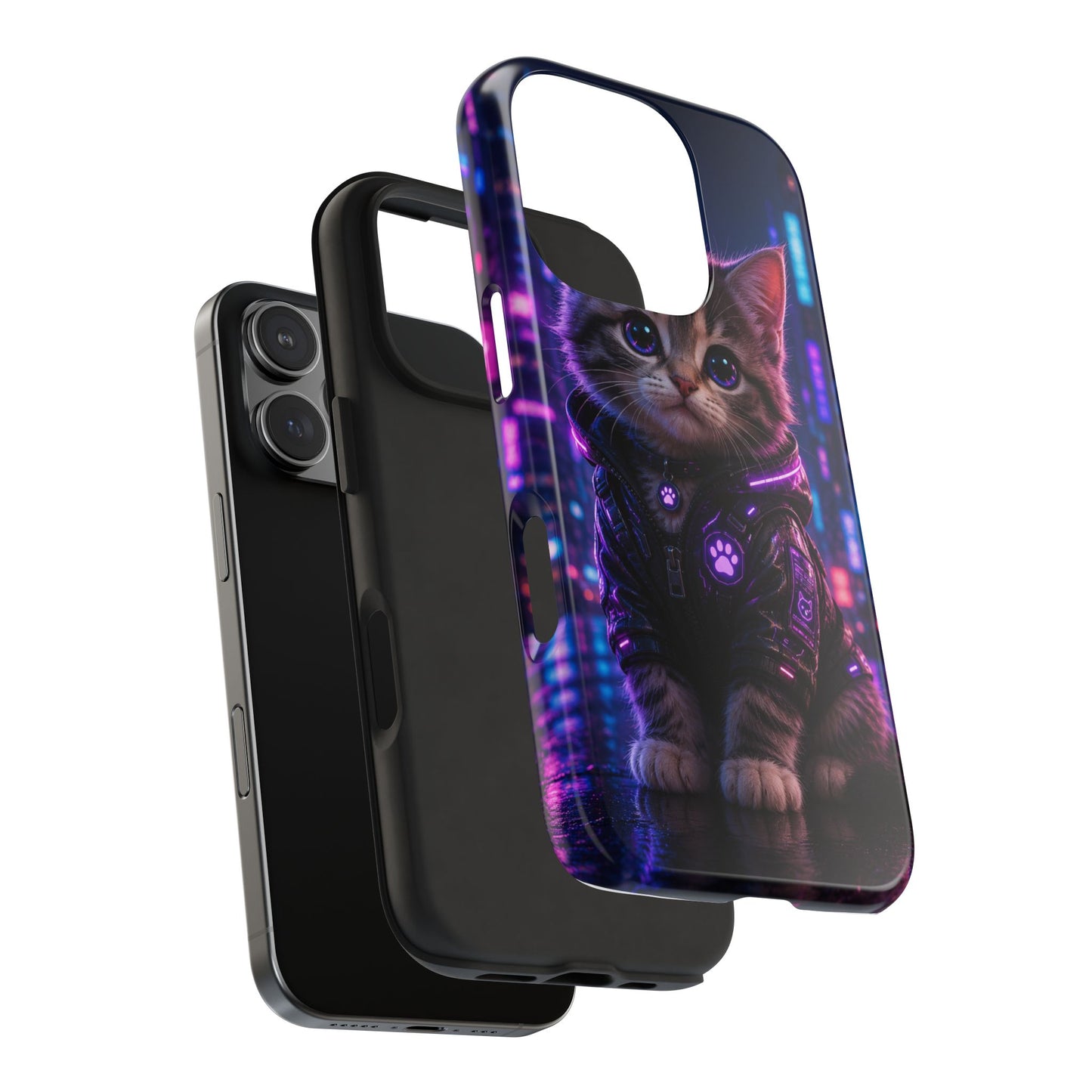 Cyberpunk Kitten Tough Phone Case — Neon Cat Protective Phone Cover