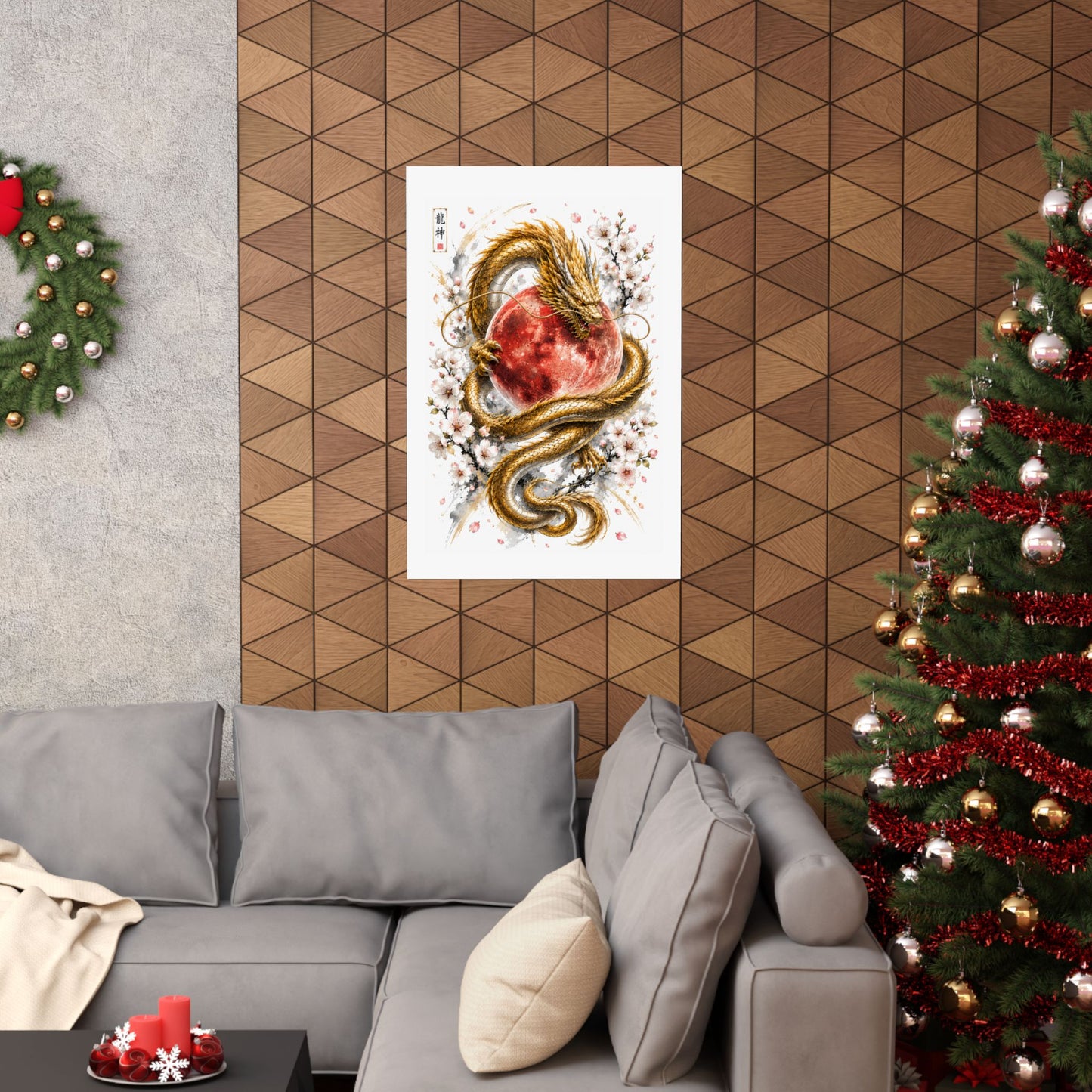 Golden Dragon & Red Moon Matte Poster — Japanese Cherry Blossom Wall Art