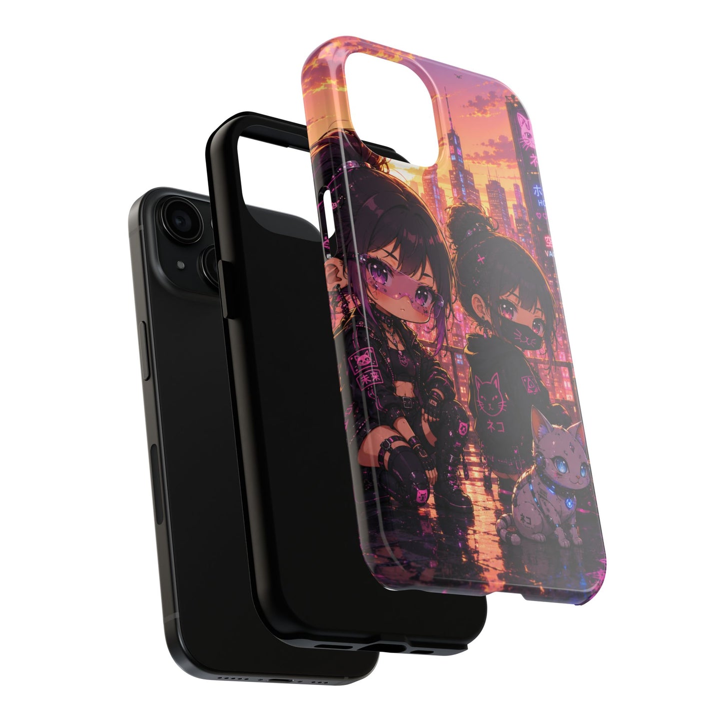 Anime City Night Tough Phone Case — Kawaii Cyberpunk Characters & Cat