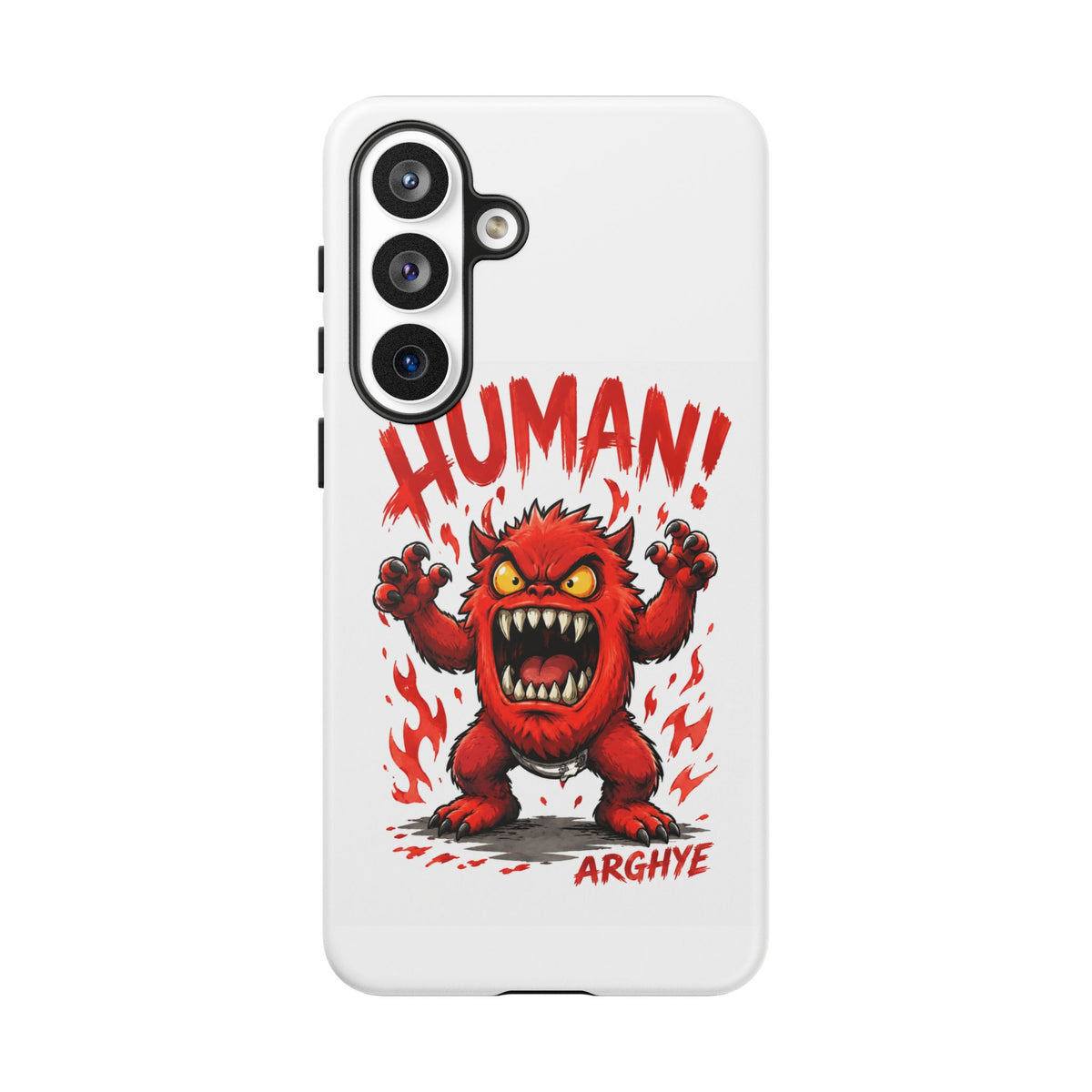 Angry Monster "HUMAN!" Phone Case — Cute Fiery Creature iPhone Cover