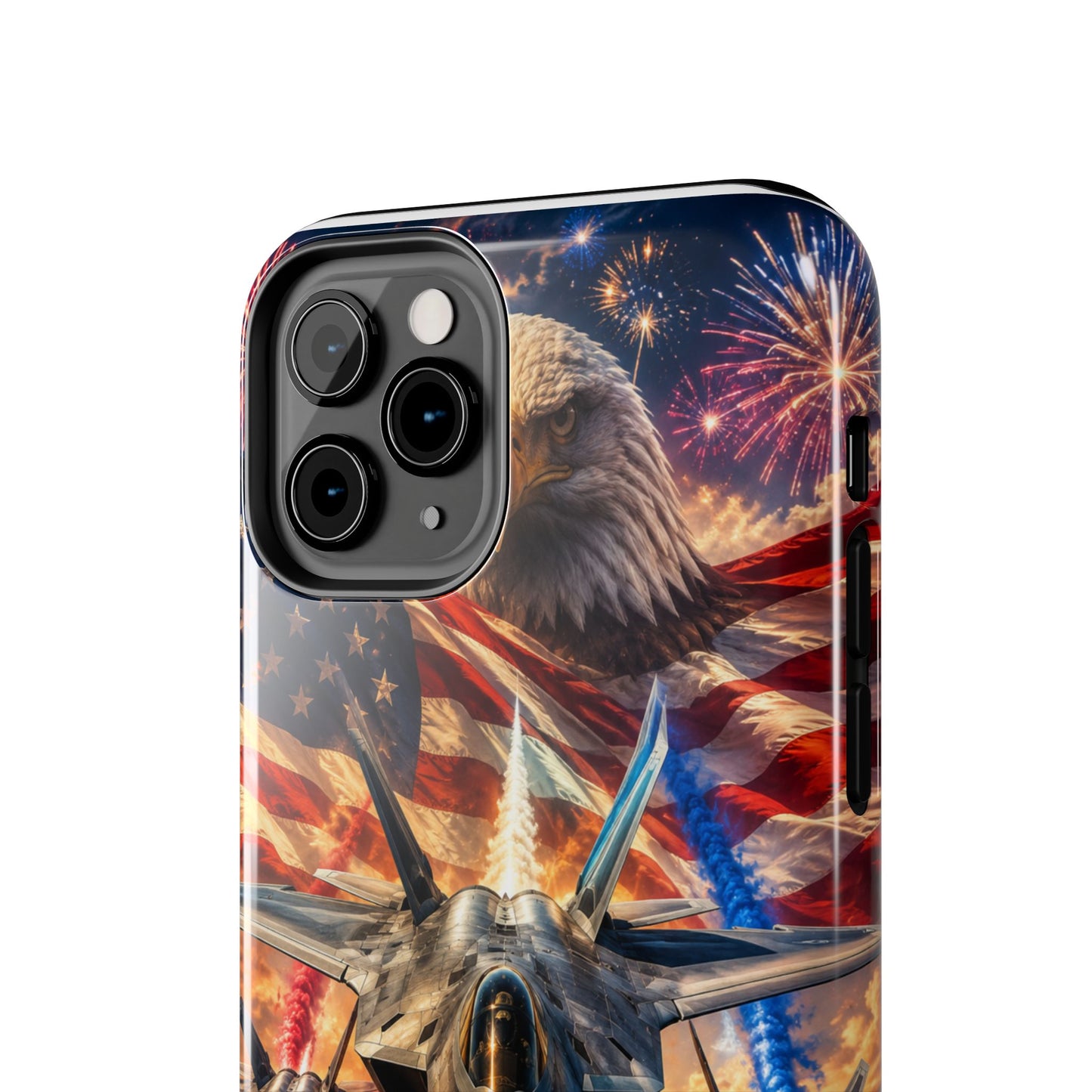 Patriotic Fighter Jet Phone Case with Eagle, American Flag & Fireworks Design
