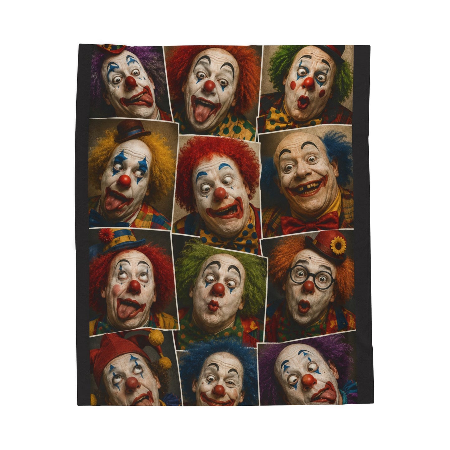 Clown Collage Velveteen Plush Blanket — Vintage Circus Faces Throw