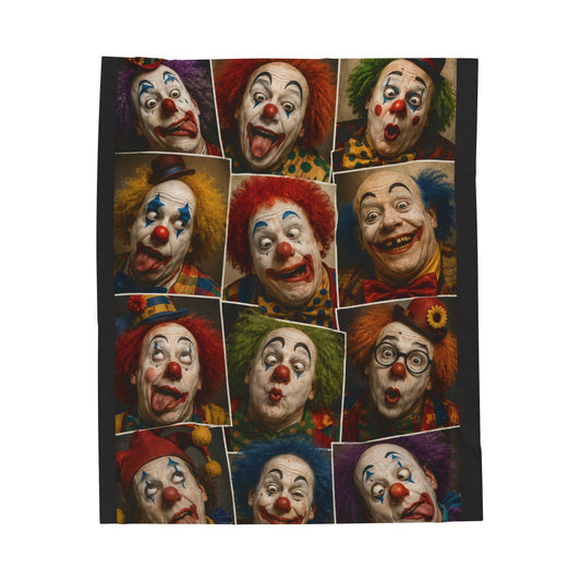 Clown Collage Velveteen Plush Blanket — Vintage Circus Faces Throw