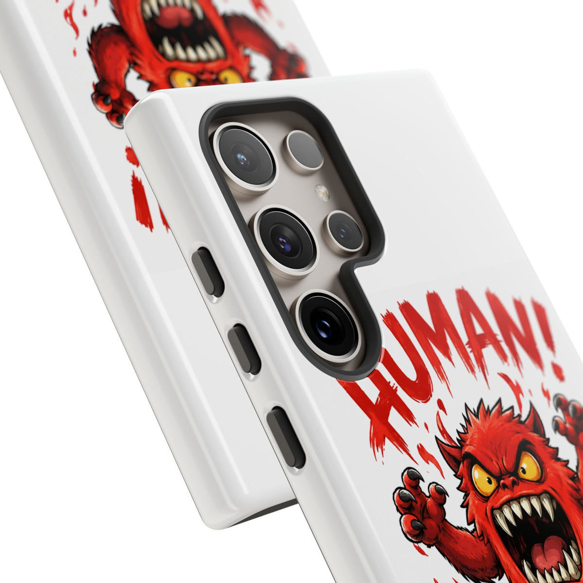 Angry Monster "HUMAN!" Phone Case — Cute Fiery Creature iPhone Cover