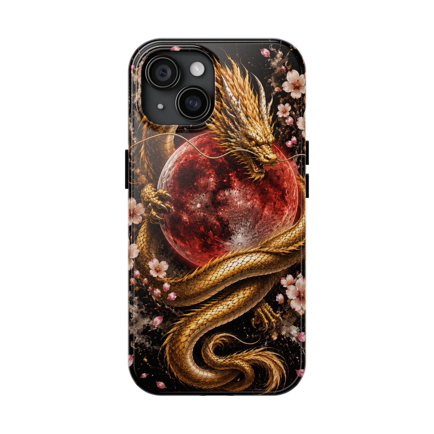 Golden Dragon Moon Tough Phone Case — Cherry Blossoms & Red Moon Protective Cover