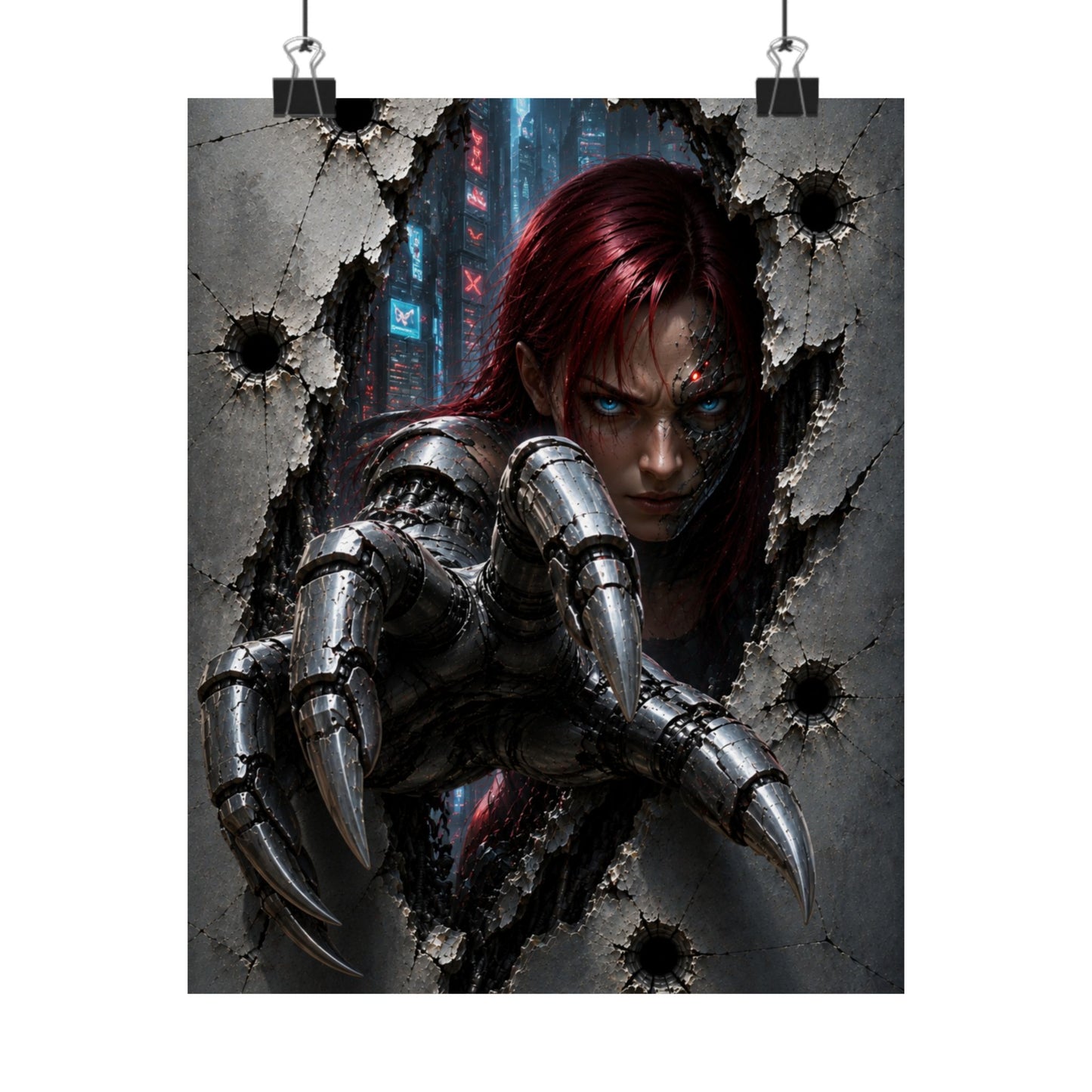 Cyberpunk Assassin Matte Poster — Red-Haired Cyborg Claw Wall Art