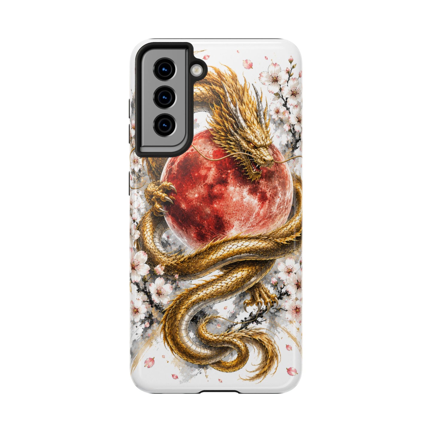 Golden Dragon Phone Case — Red Moon & Cherry Blossom Tough Phone Case