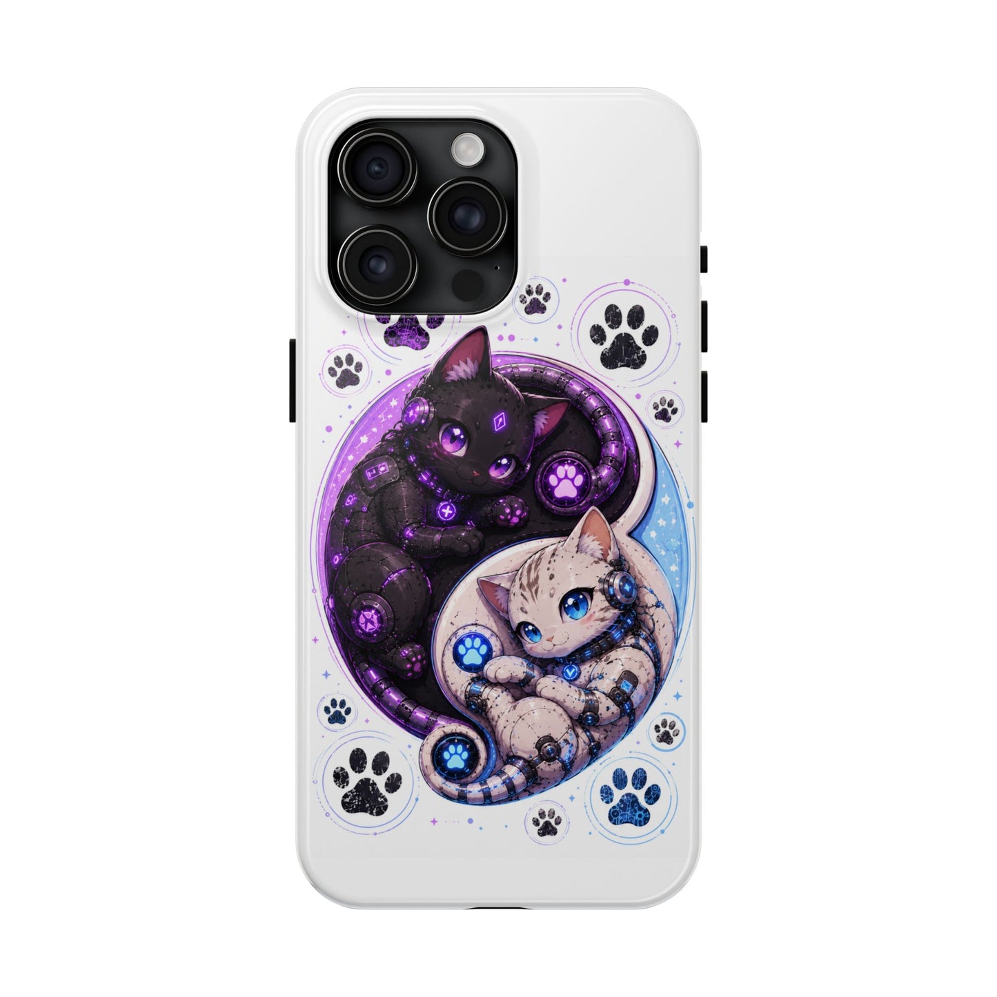 Cat Yin Yang Tough Phone Case — Black & White Kittens, Paw Print Protective Cover