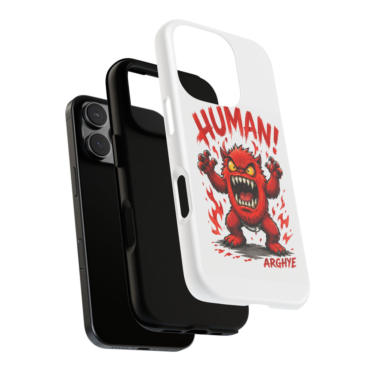 Angry Monster "HUMAN!" Phone Case — Cute Fiery Creature iPhone Cover