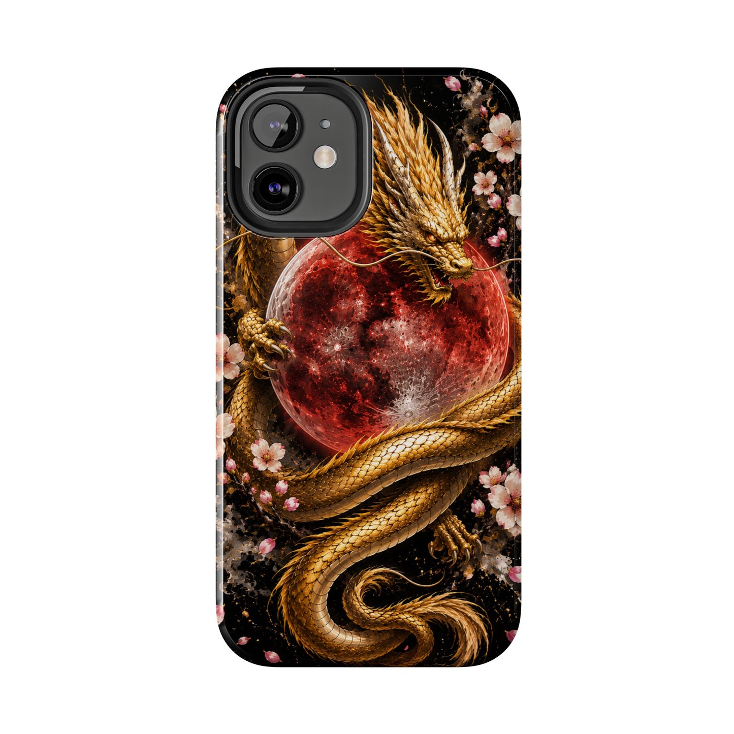 Golden Dragon Moon Tough Phone Case — Cherry Blossoms & Red Moon Protective Cover