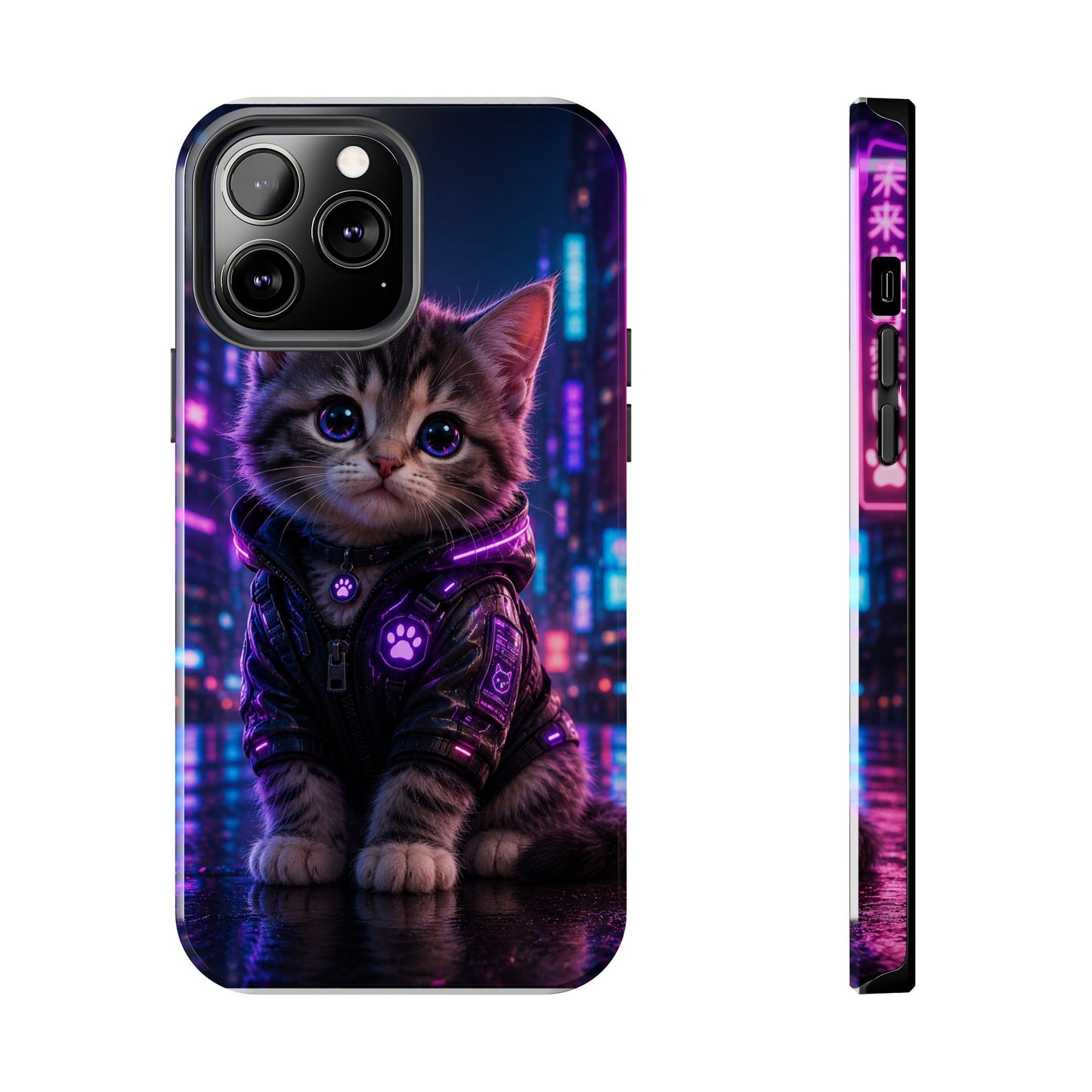 Cyberpunk Kitten Tough Phone Case — Neon Cat Protective Phone Cover
