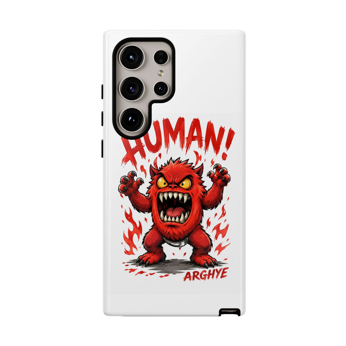 Angry Monster "HUMAN!" Phone Case — Cute Fiery Creature iPhone Cover