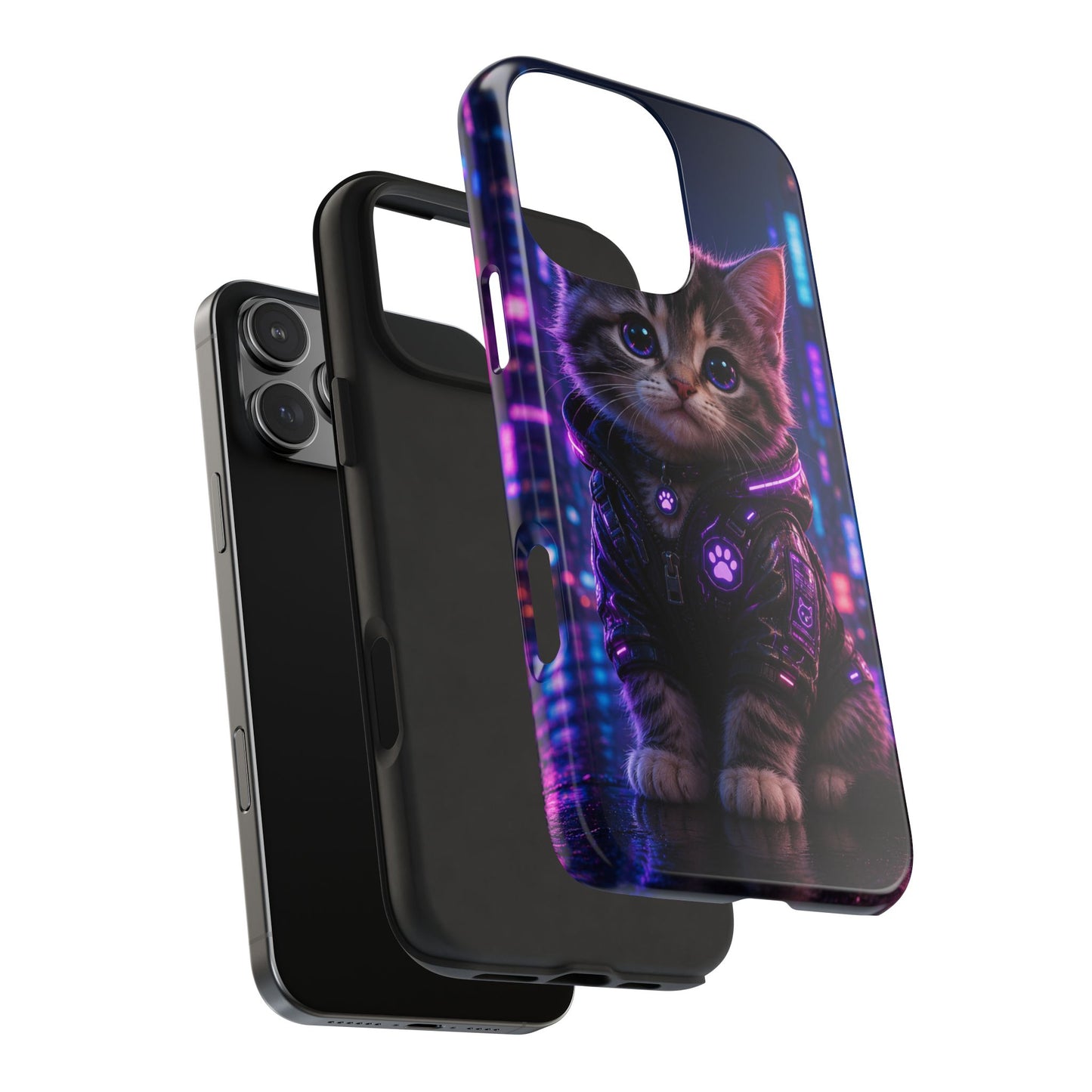 Cyberpunk Kitten Tough Phone Case — Neon Cat Protective Phone Cover