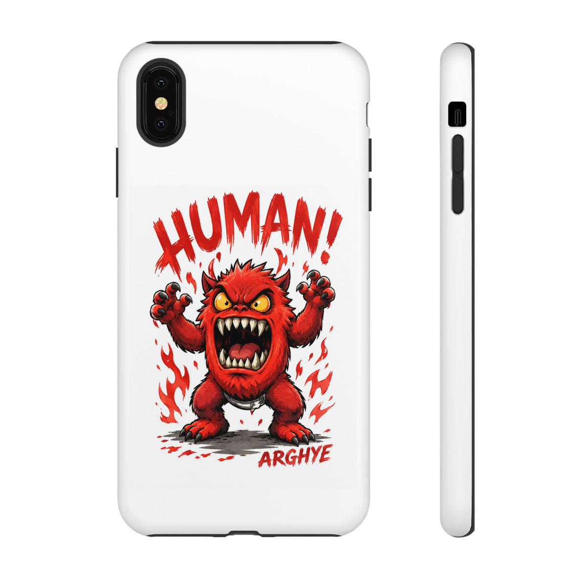 Angry Monster "HUMAN!" Phone Case — Cute Fiery Creature iPhone Cover