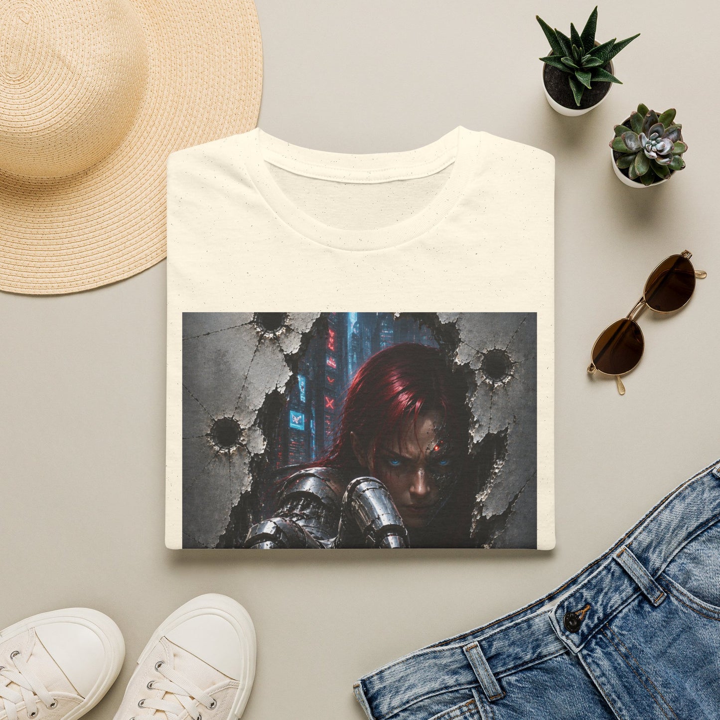 Cyberpunk Warrior Graphic T-Shirt — Red-Haired Brawler Design