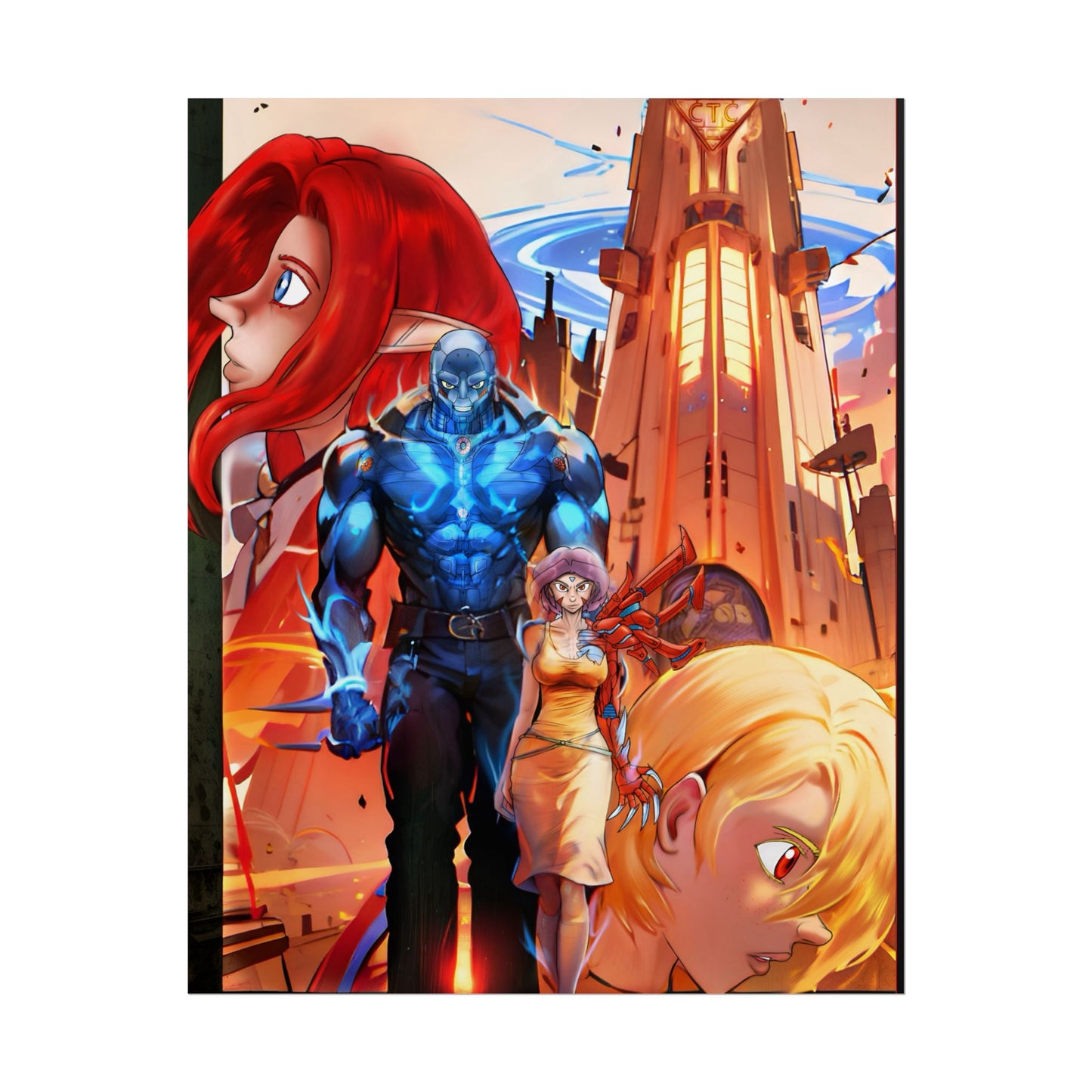 Anime Sci‑Fi Poster — Heroic Crew Tower Art Print (Rolled)