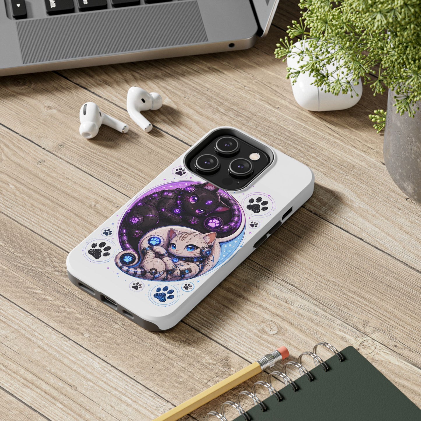 Cat Yin Yang Tough Phone Case — Black & White Kittens, Paw Print Protective Cover