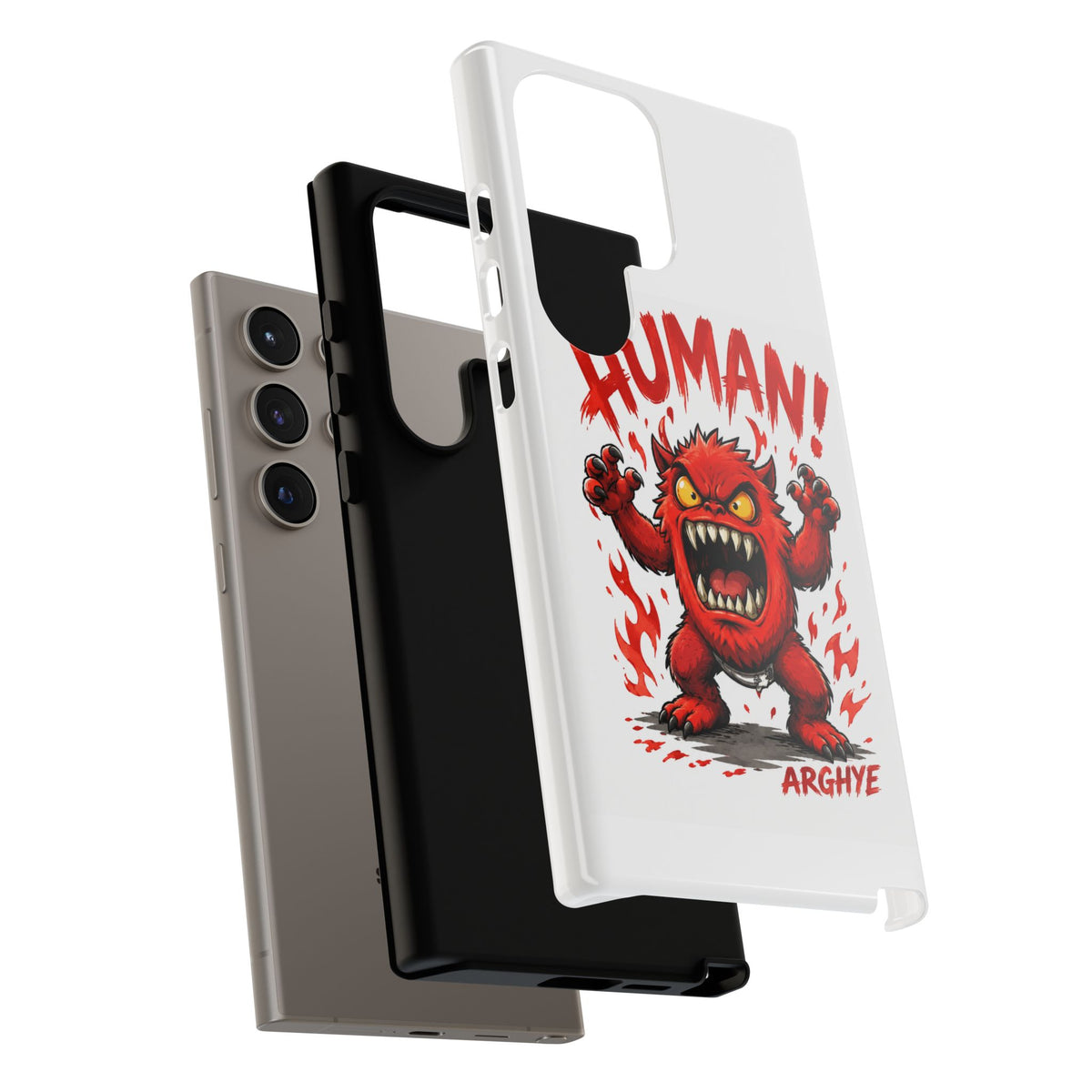 Angry Monster "HUMAN!" Phone Case — Cute Fiery Creature iPhone Cover