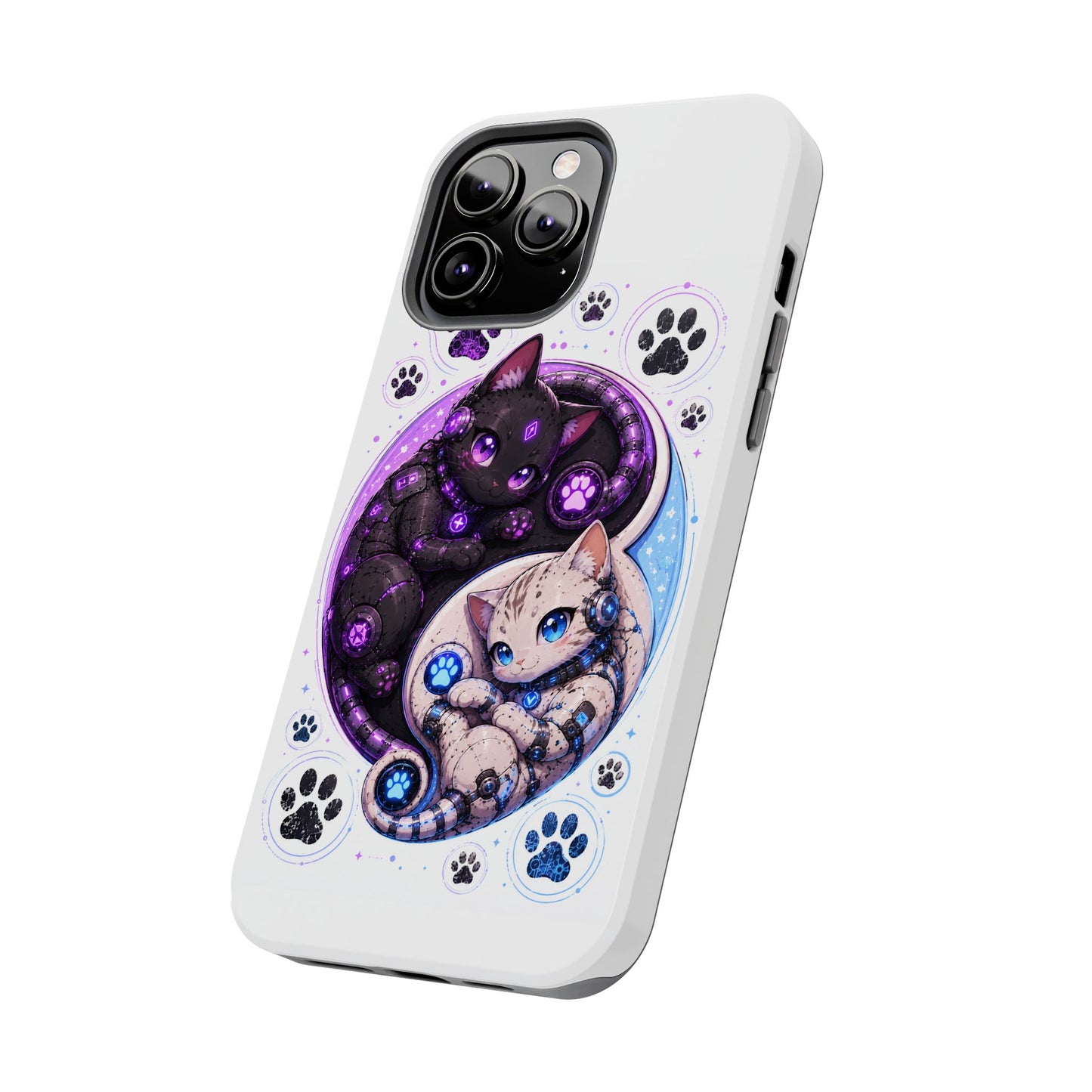 Cat Yin Yang Tough Phone Case — Black & White Kittens, Paw Print Protective Cover