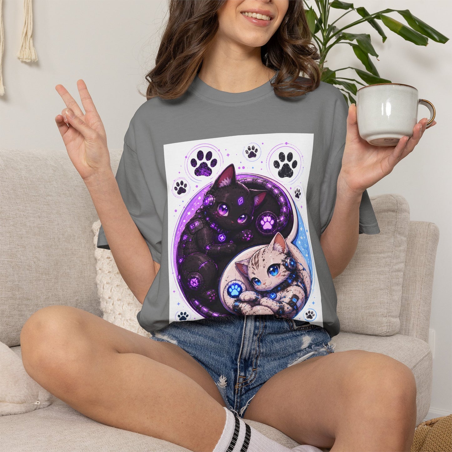 Yin Yang Cat T-Shirt — Cosmic Black & White Kittens Paw Print Tee