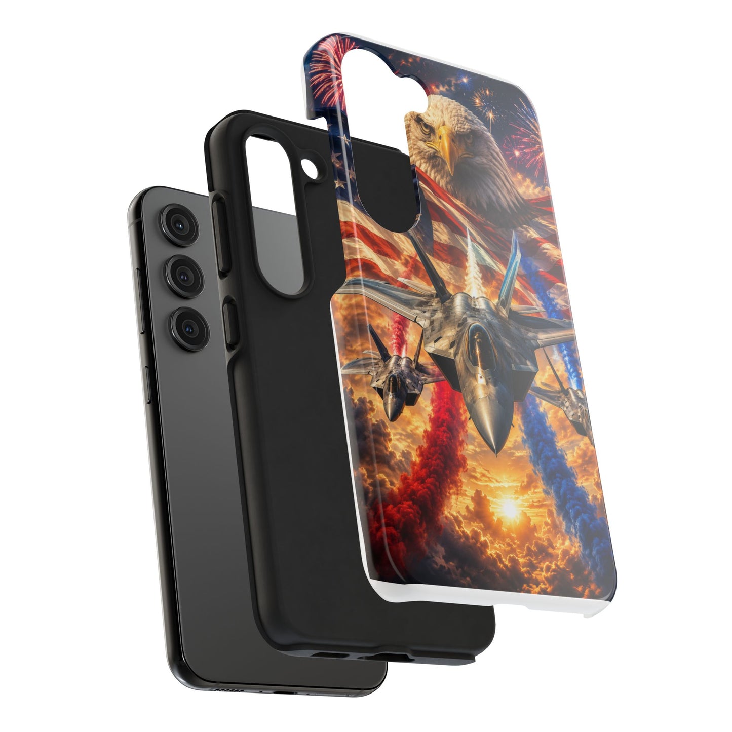 Patriotic Fighter Jet Phone Case with Eagle, American Flag & Fireworks Design