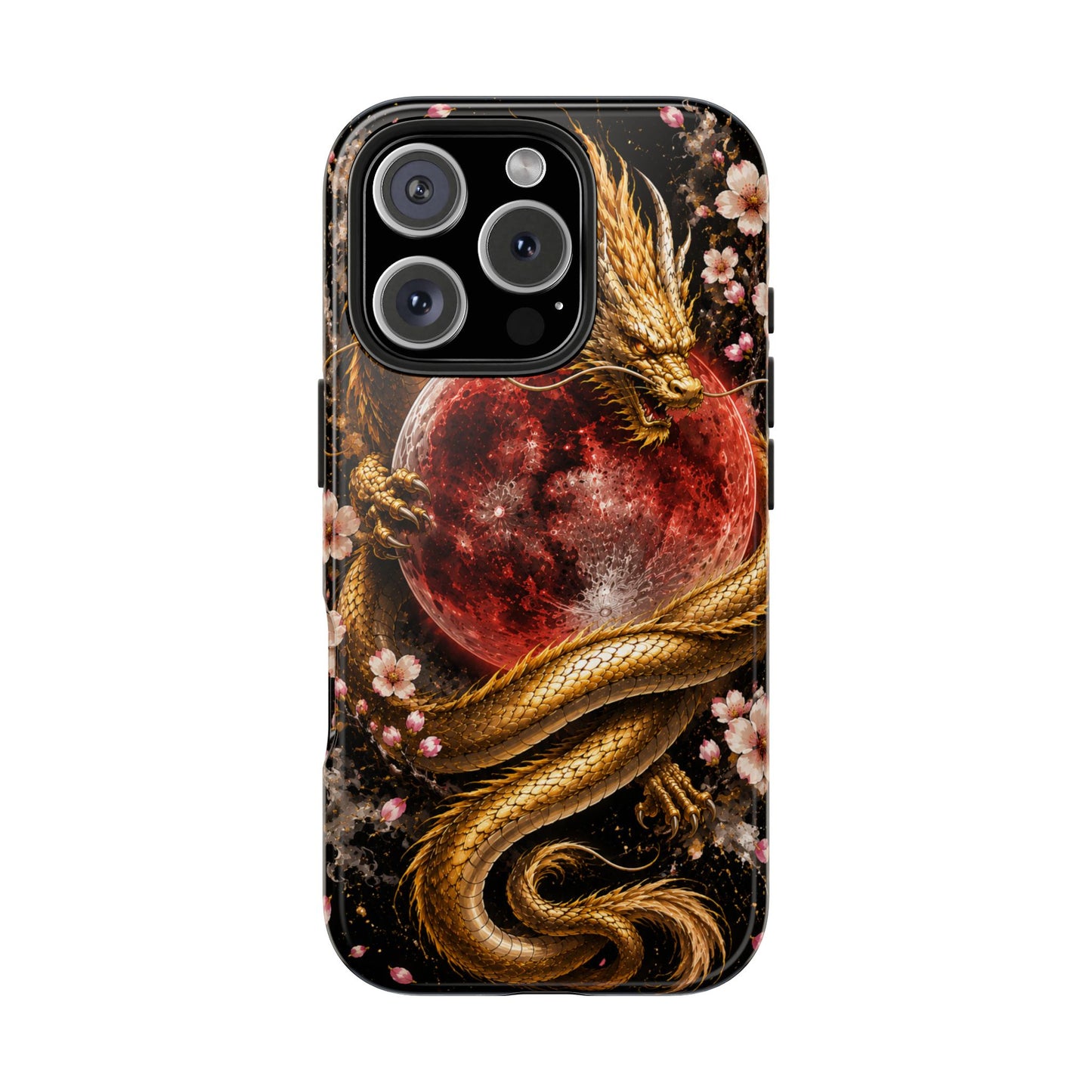 Golden Dragon Moon Tough Phone Case — Cherry Blossoms & Red Moon Protective Cover