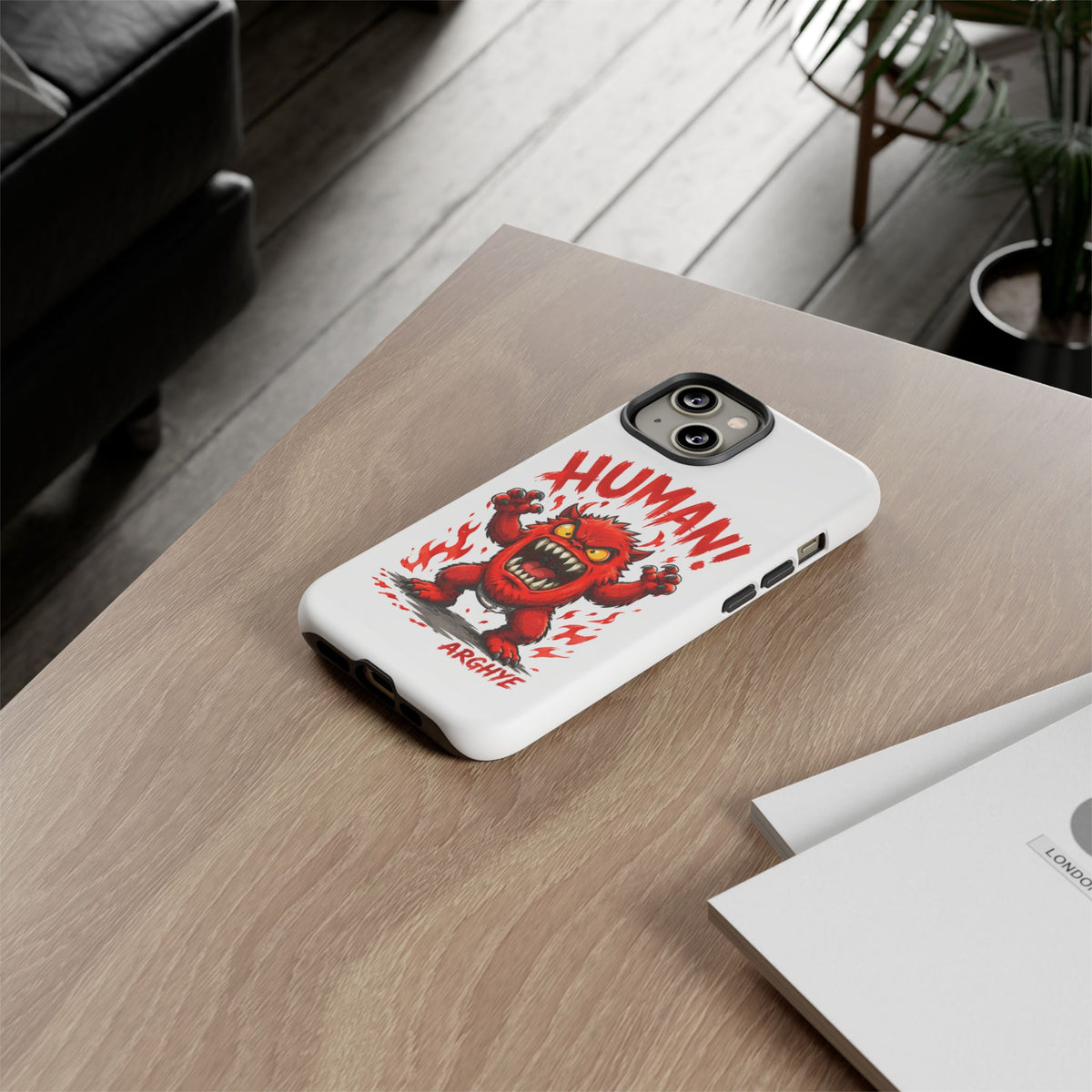 Angry Monster "HUMAN!" Phone Case — Cute Fiery Creature iPhone Cover