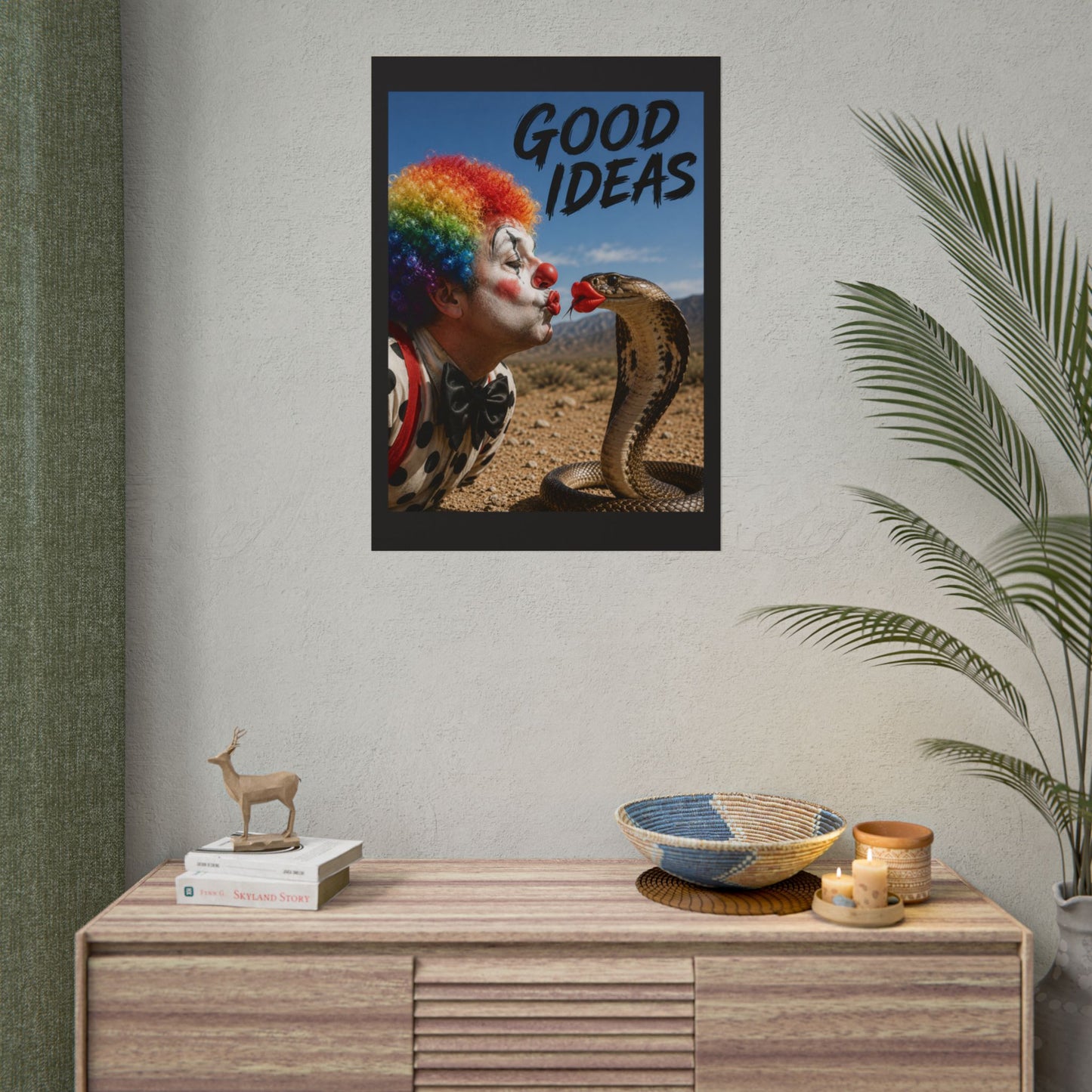 Good Ideas Clown & Snake Rolled Poster – Surreal Humor Wall Art