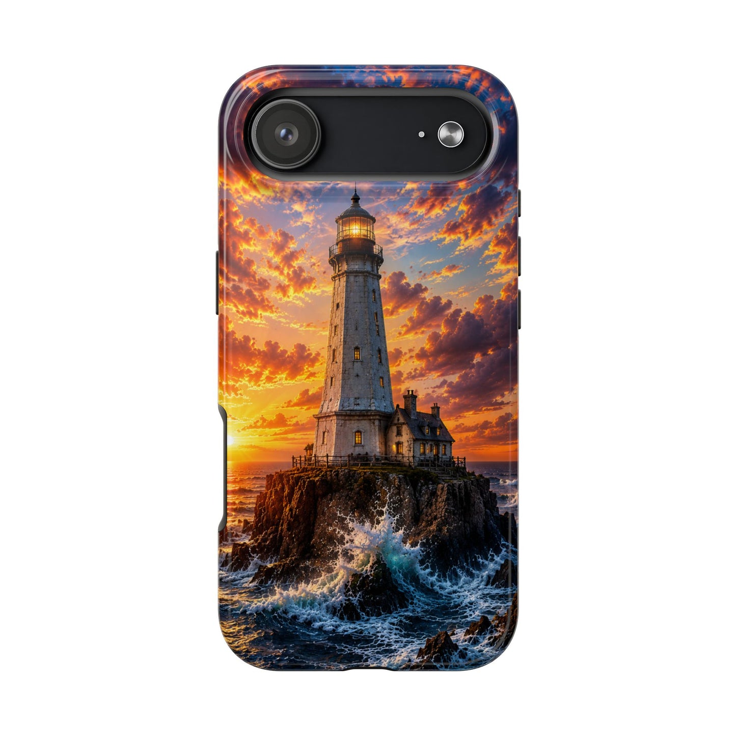 Lighthouse Sunset Tough Phone Case — Durable Coastal Ocean Wave Protection