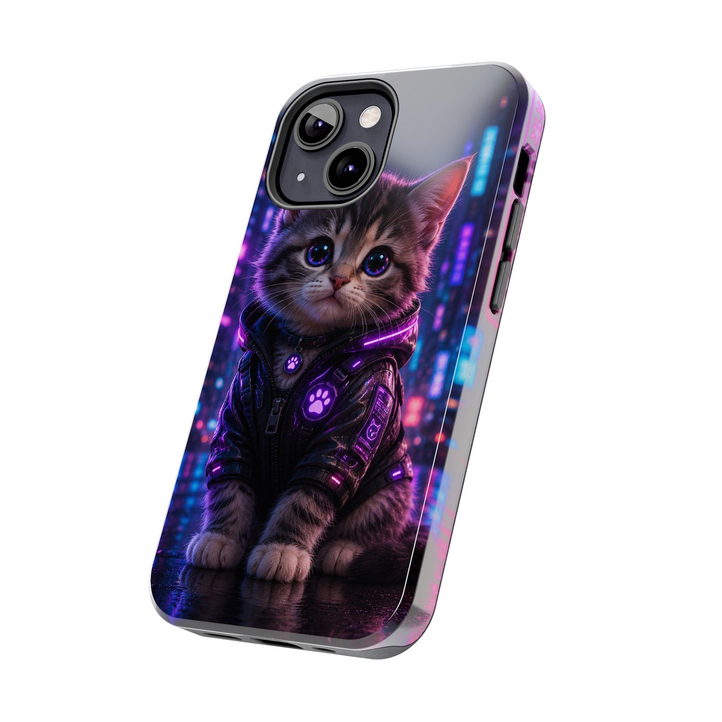 Cyberpunk Kitten Tough Phone Case — Neon Cat Protective Phone Cover