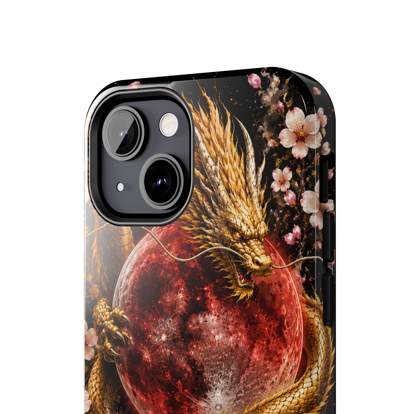 Golden Dragon Moon Tough Phone Case — Cherry Blossoms & Red Moon Protective Cover