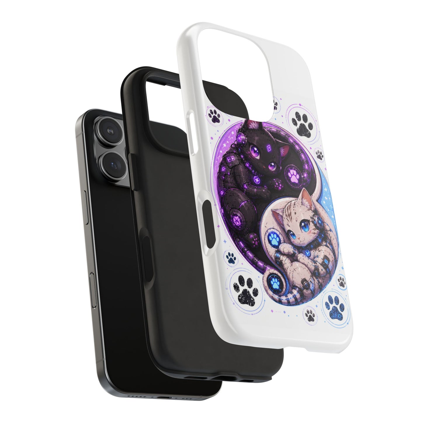 Cat Yin Yang Tough Phone Case — Black & White Kittens, Paw Print Protective Cover