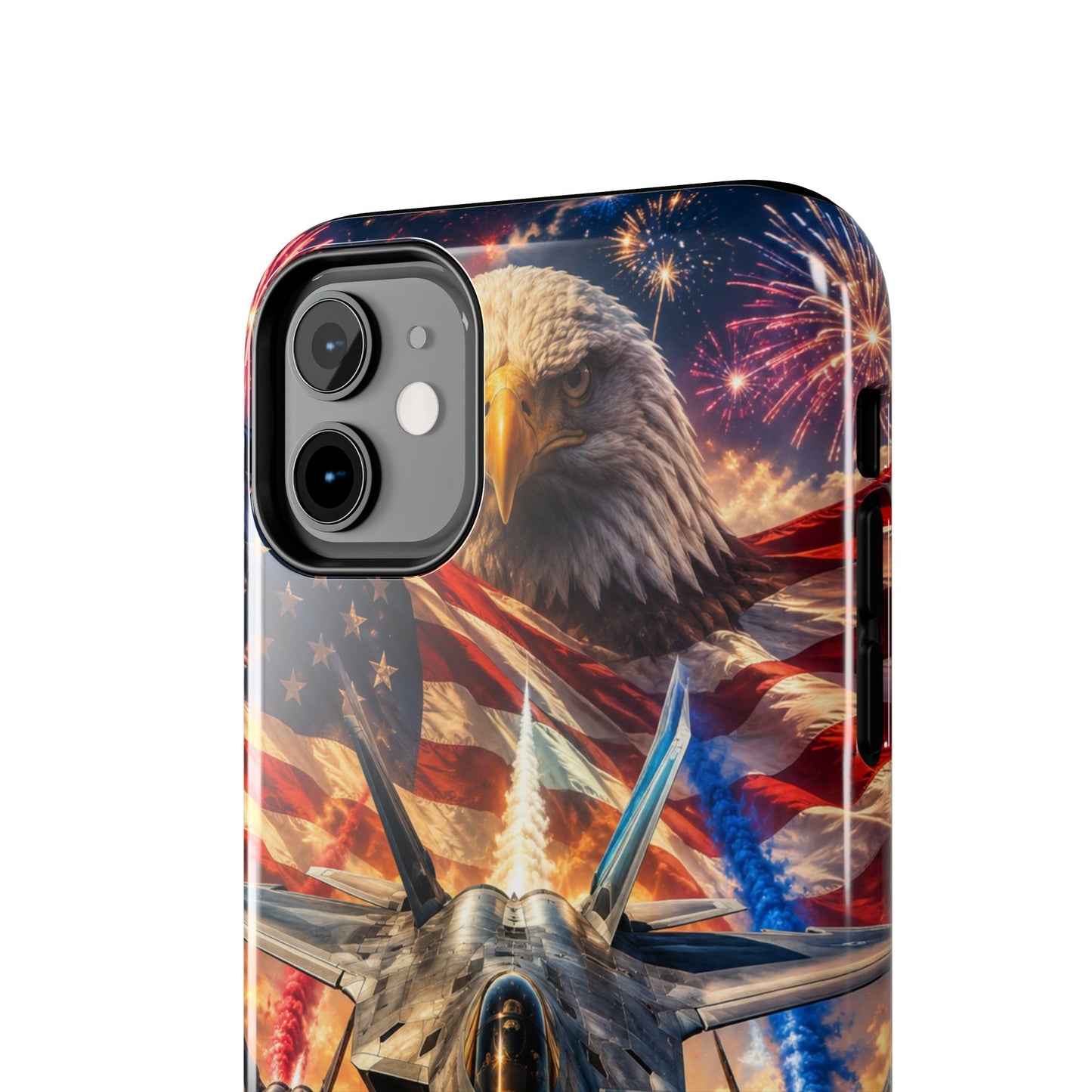Patriotic Fighter Jet Phone Case with Eagle, American Flag & Fireworks Design