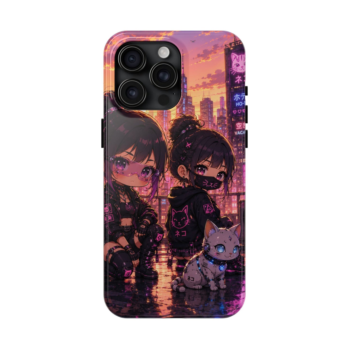 Anime City Night Tough Phone Case — Kawaii Cyberpunk Characters & Cat