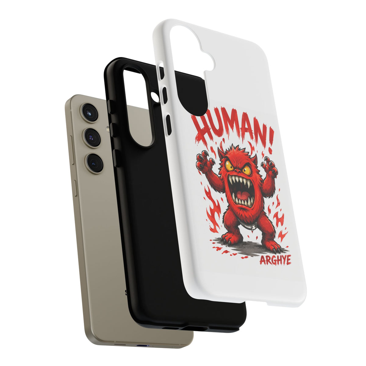 Angry Monster "HUMAN!" Phone Case — Cute Fiery Creature iPhone Cover