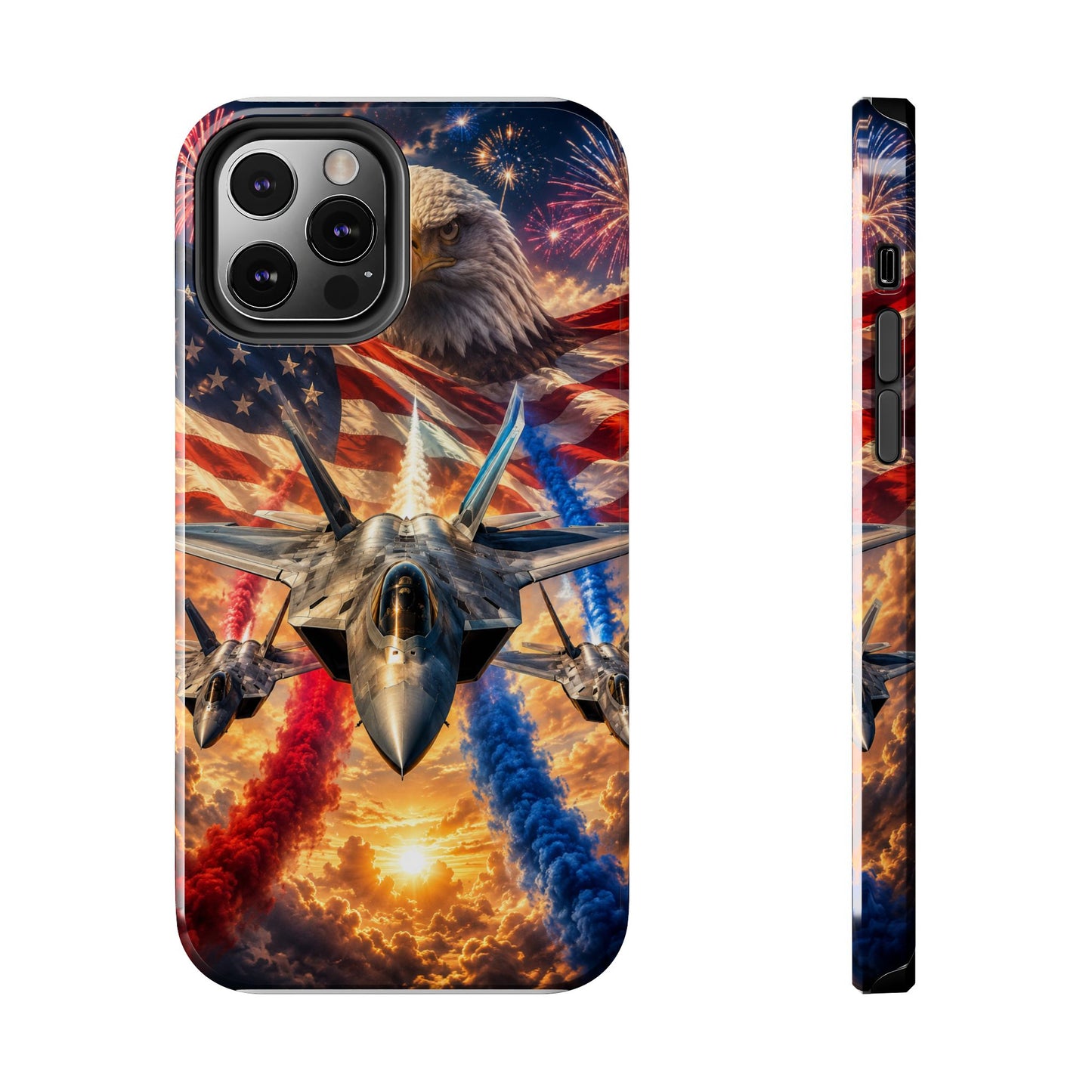 Patriotic Fighter Jet Phone Case with Eagle, American Flag & Fireworks Design