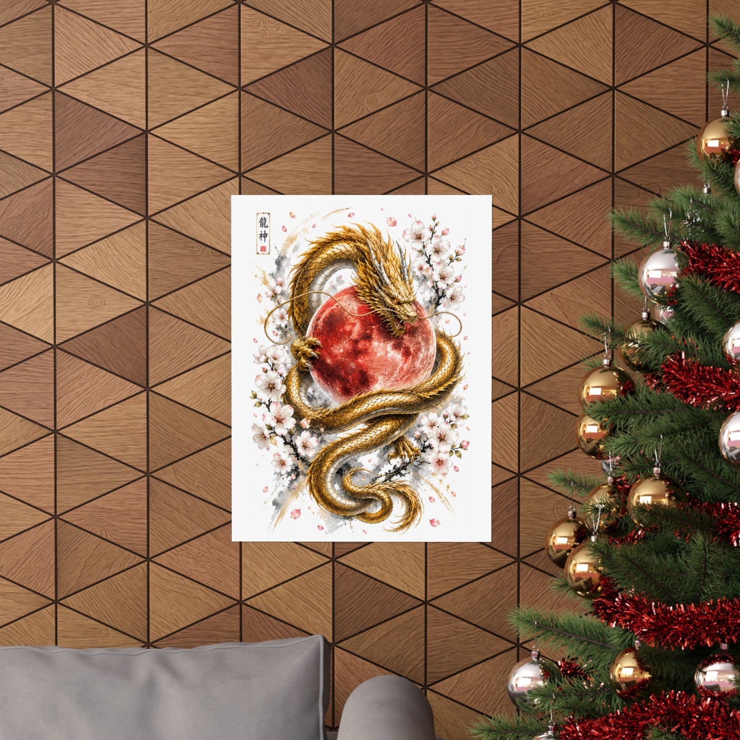 Golden Dragon & Red Moon Matte Poster — Japanese Cherry Blossom Wall Art