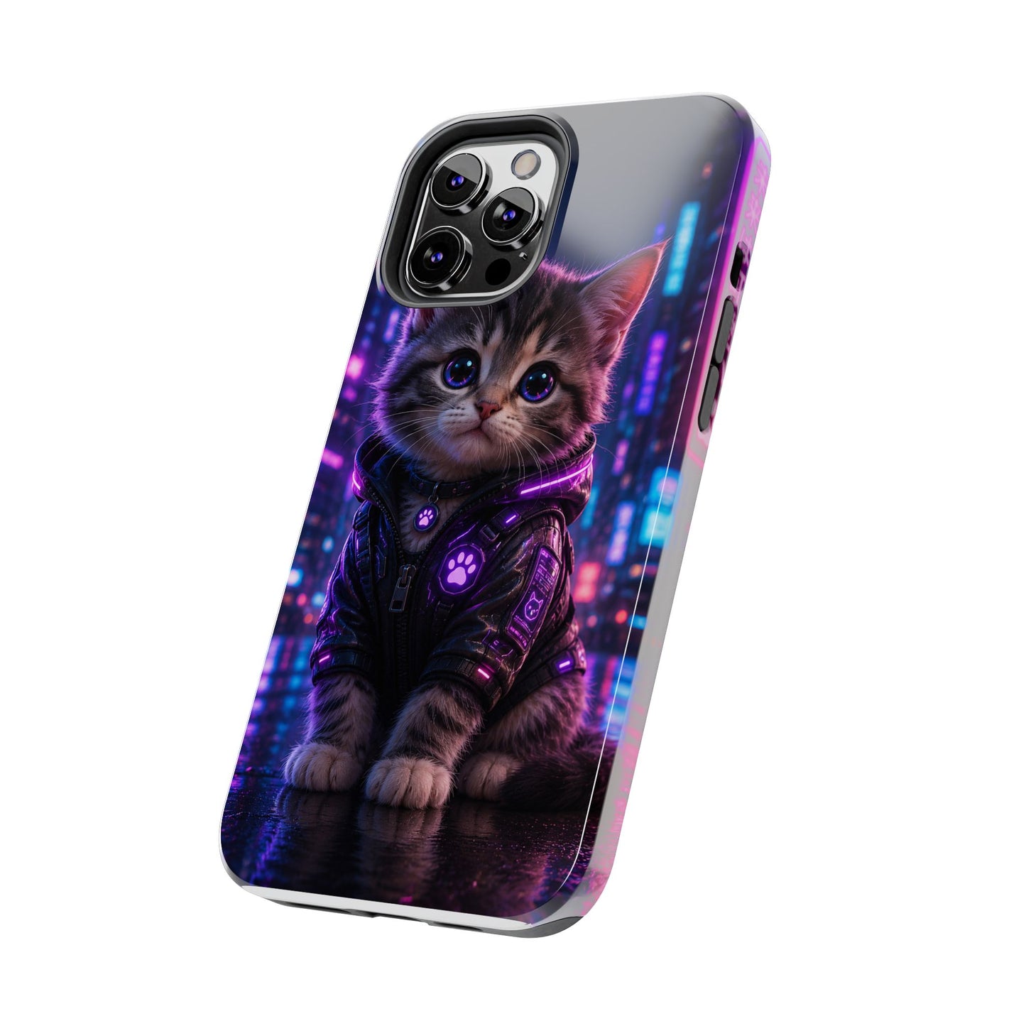 Cyberpunk Kitten Tough Phone Case — Neon Cat Protective Phone Cover