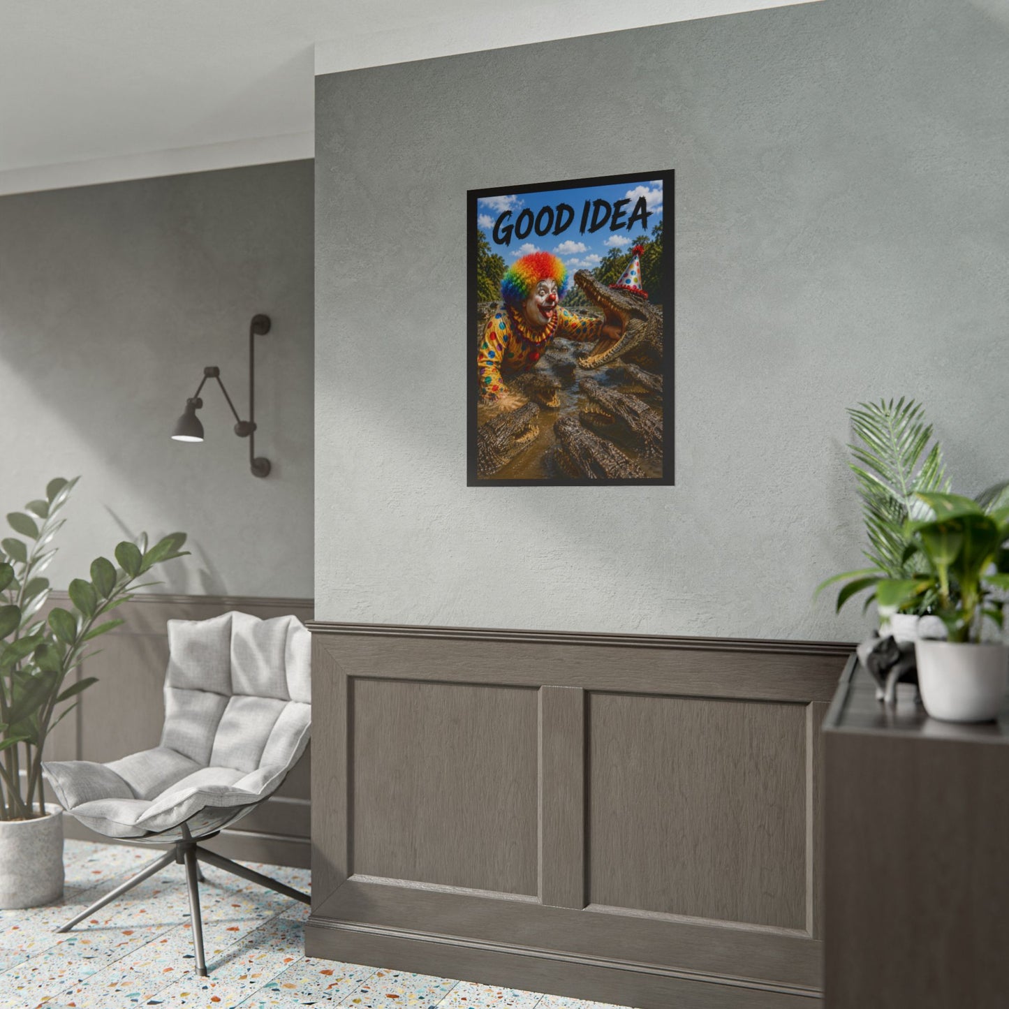 Clown & Crocodile 'Good Idea' Poster - Funny Surreal Wall Art