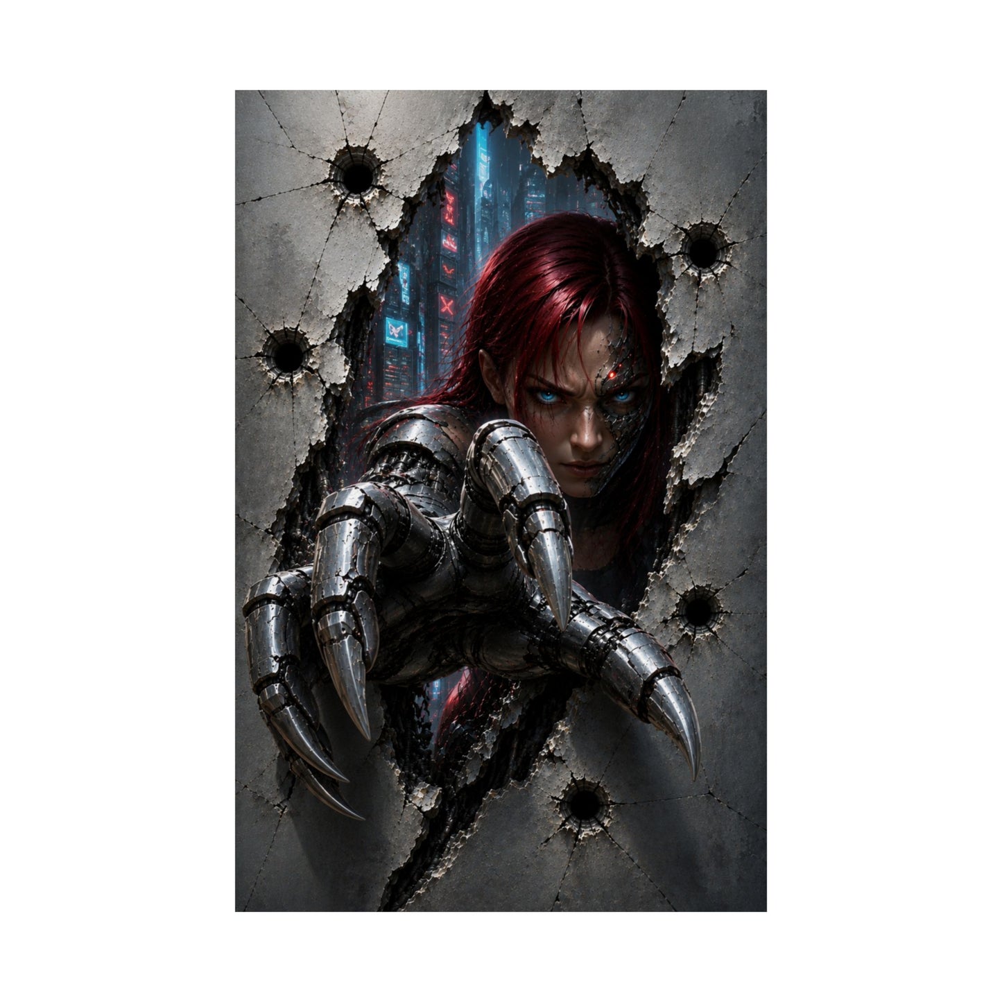 Cyberpunk Assassin Matte Poster — Red-Haired Cyborg Claw Wall Art