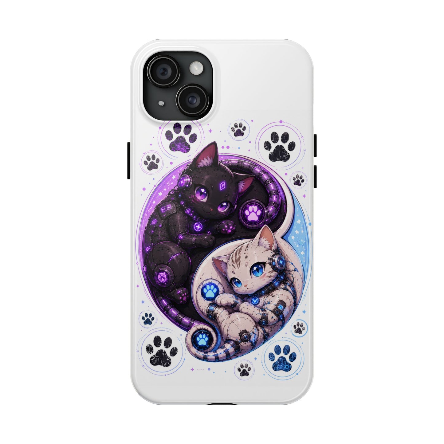 Cat Yin Yang Tough Phone Case — Black & White Kittens, Paw Print Protective Cover