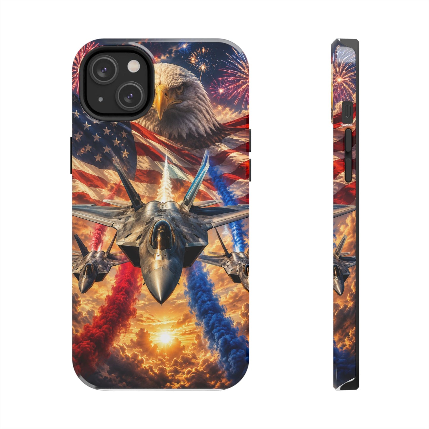 Patriotic Fighter Jet Phone Case with Eagle, American Flag & Fireworks Design