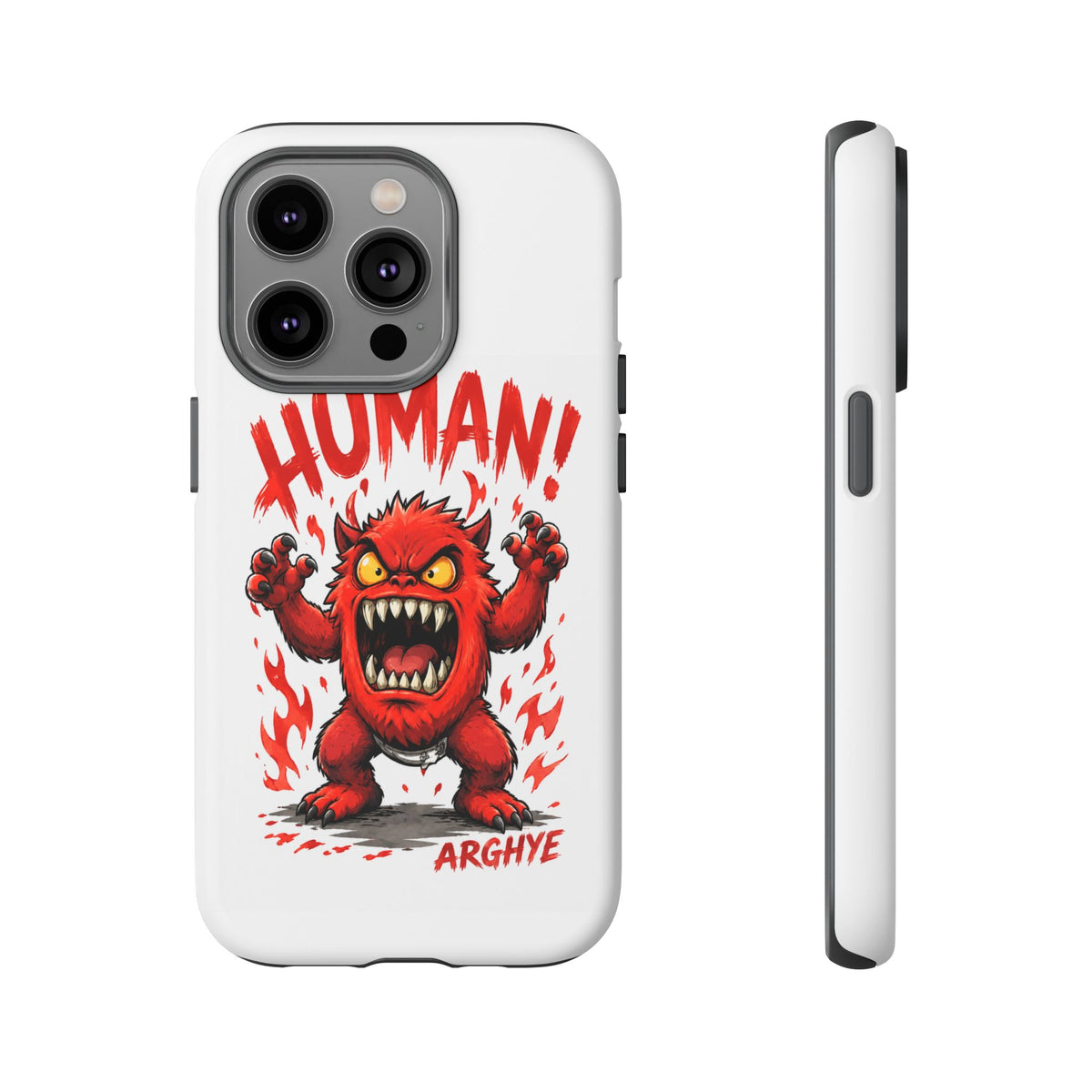 Angry Monster "HUMAN!" Phone Case — Cute Fiery Creature iPhone Cover